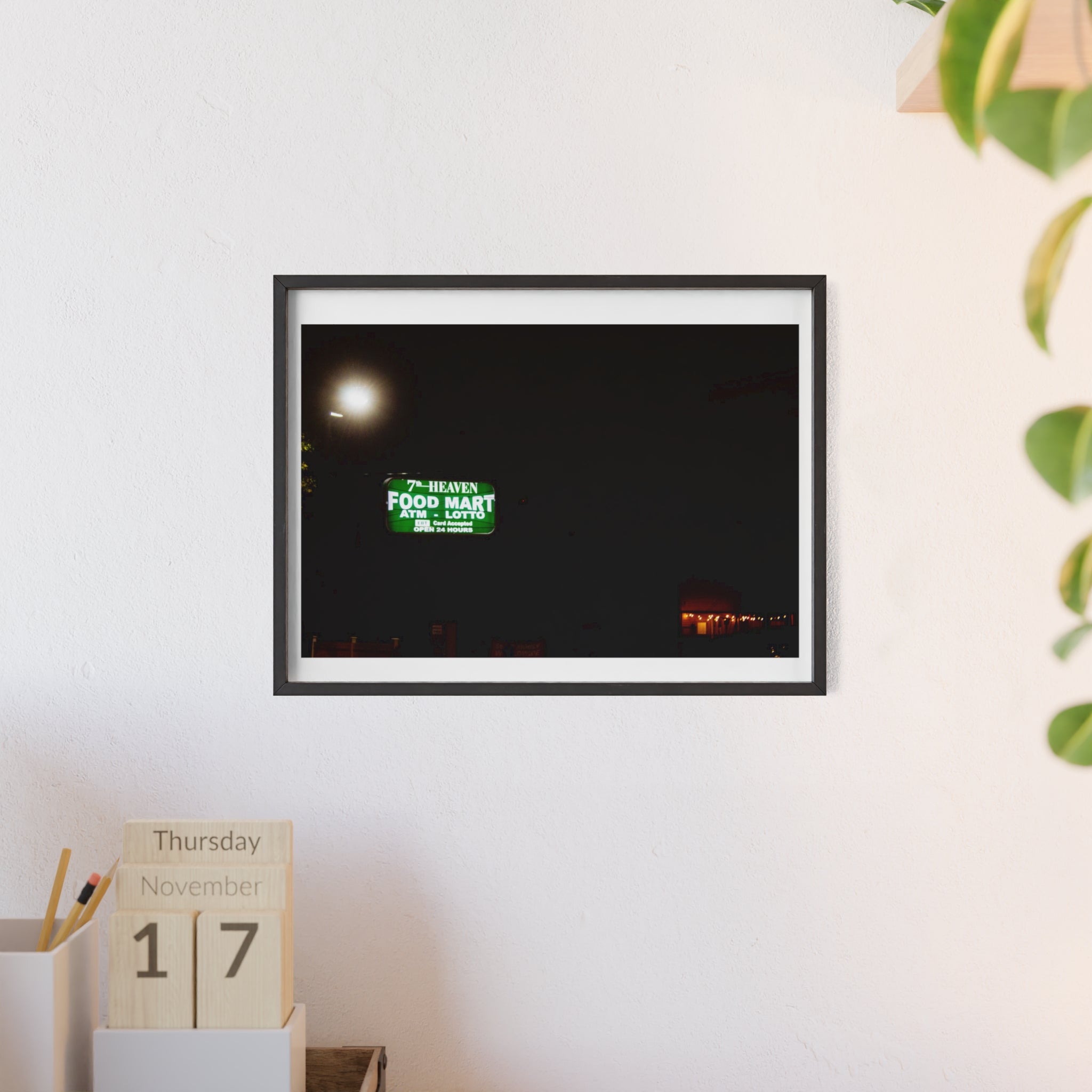 Framed Night Market Photo Print — 'Food Mart' Neon Sign Poster