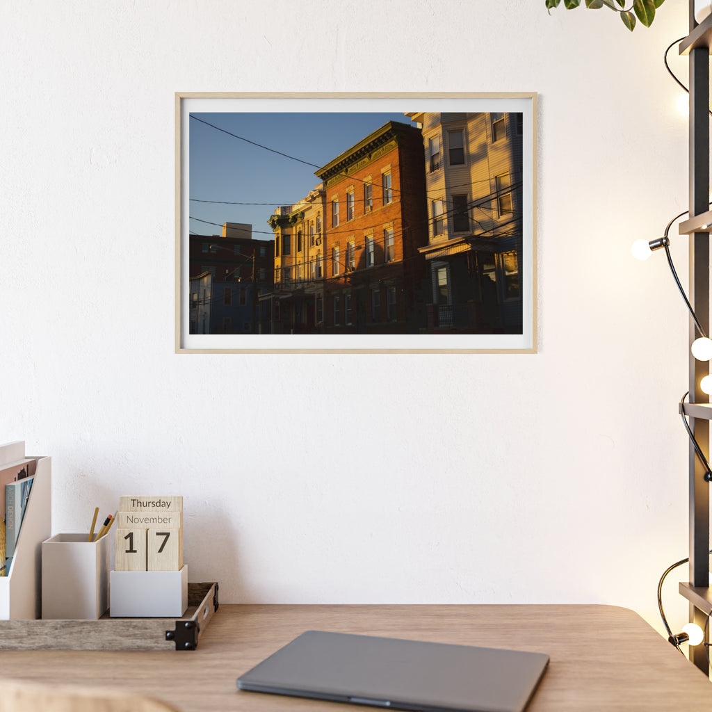Framed Urban Rowhouse Print — Golden Hour City Street Wall Art Poster