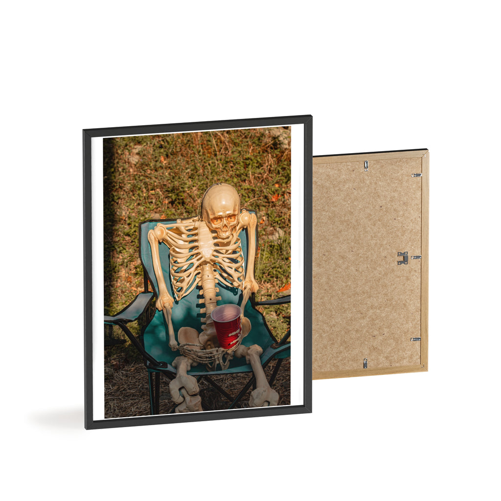 Skeleton Relaxing Poster with Wooden Frame — Funny Halloween Wall Art