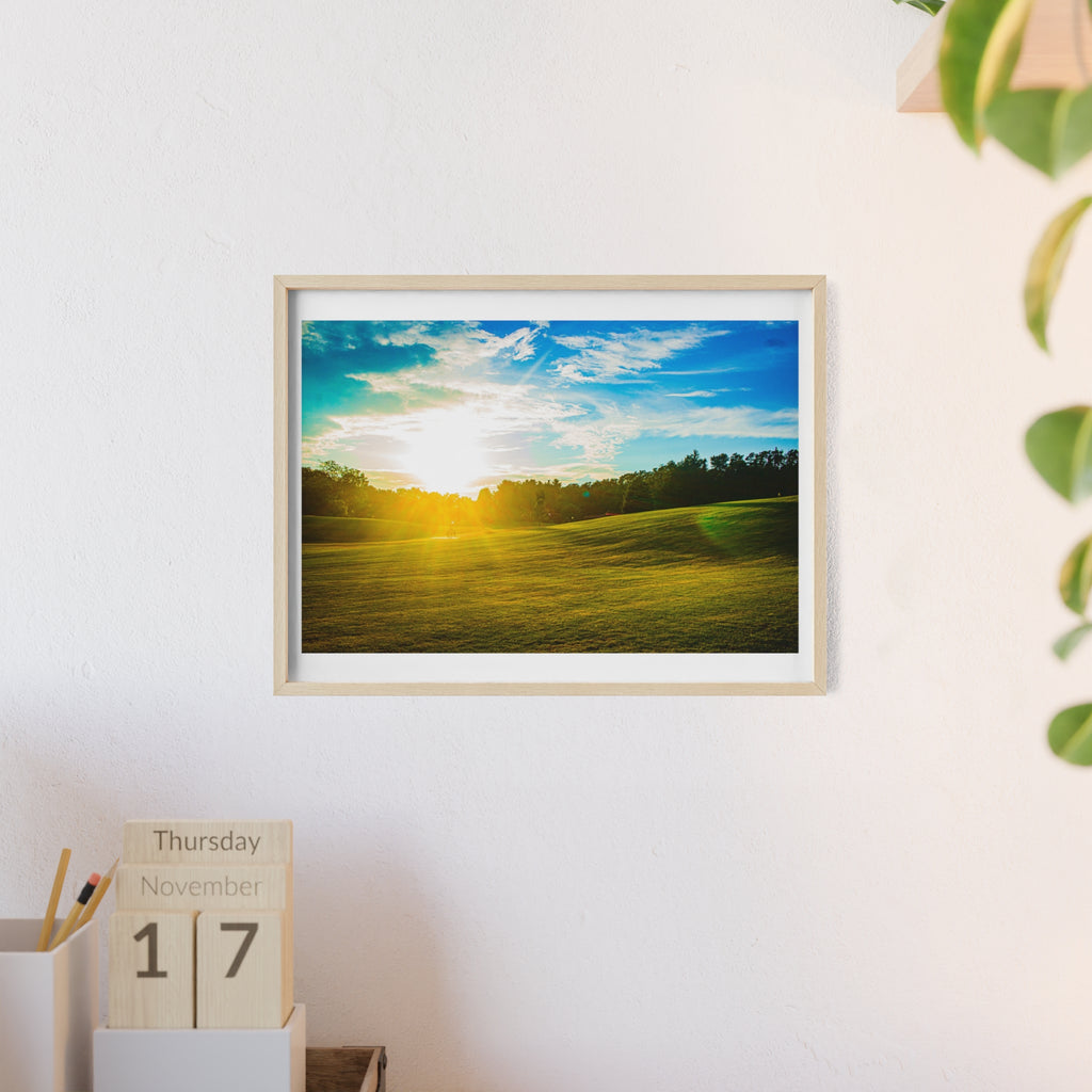 Sunlit Meadow Poster with Wooden Frame — Landscape Wall Art Print