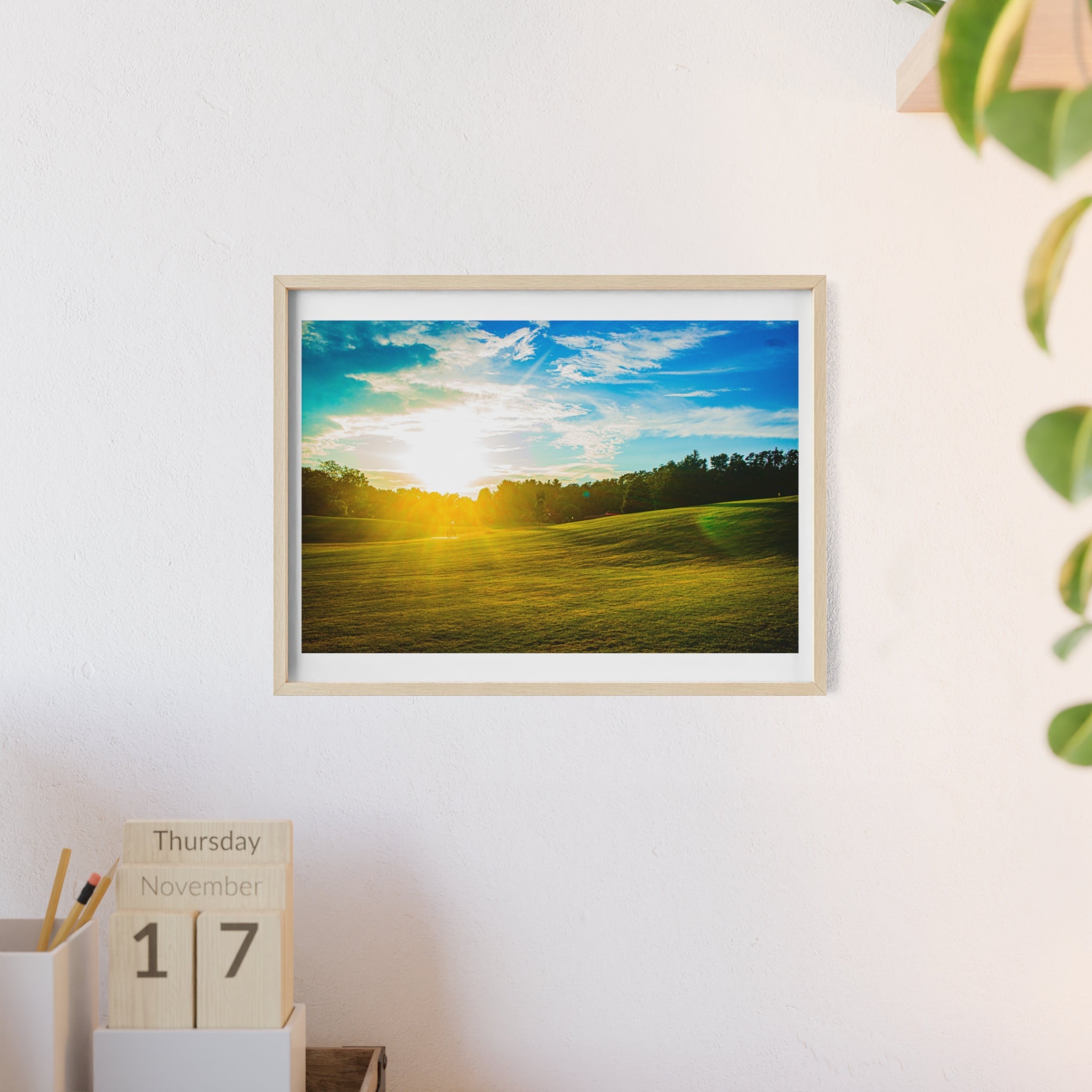 Sunlit Meadow Poster with Wooden Frame — Landscape Wall Art Print