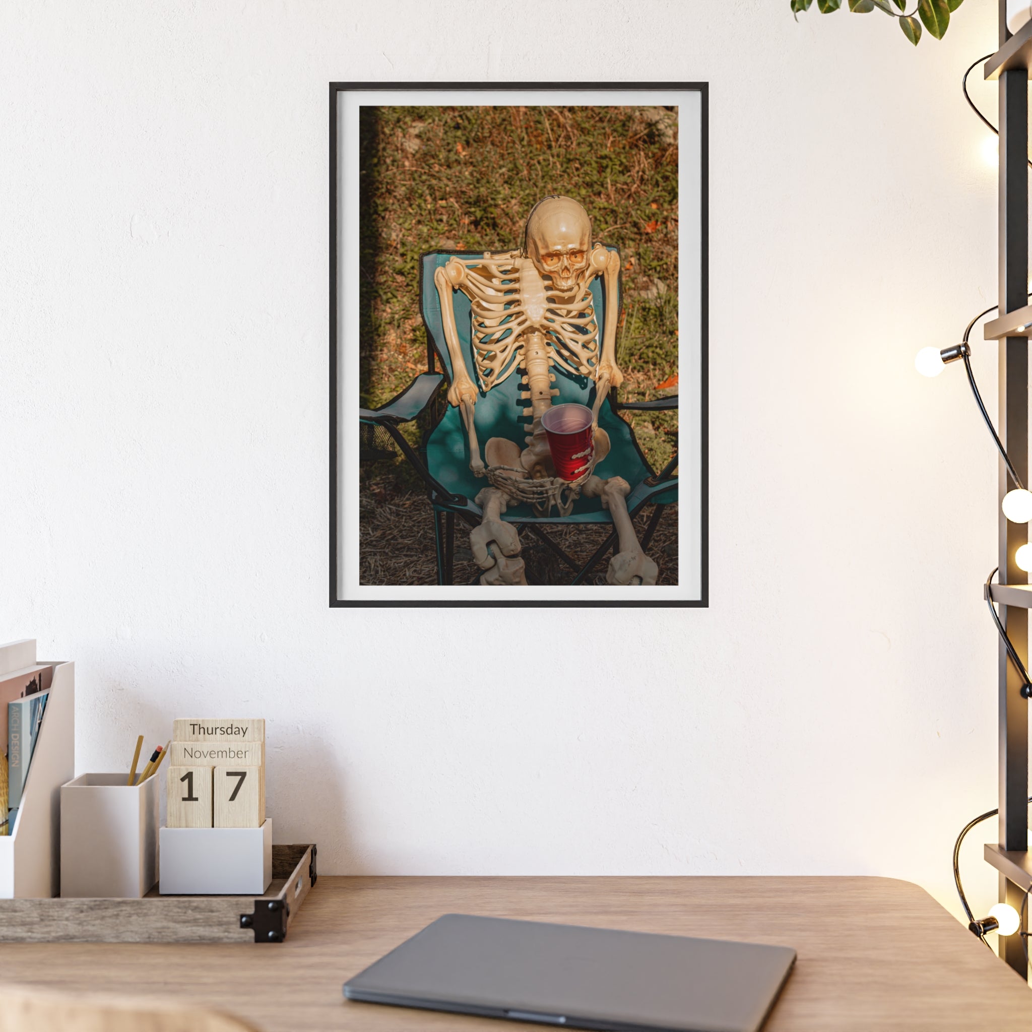 Skeleton Relaxing Poster with Wooden Frame — Funny Halloween Wall Art