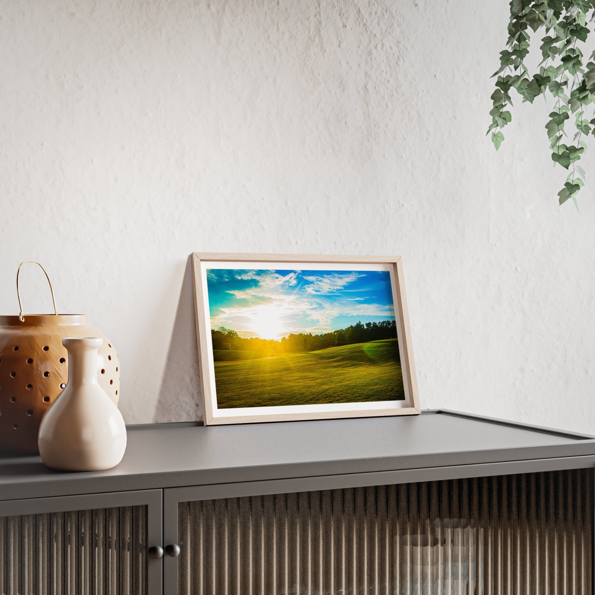 Sunlit Meadow Poster with Wooden Frame — Landscape Wall Art Print