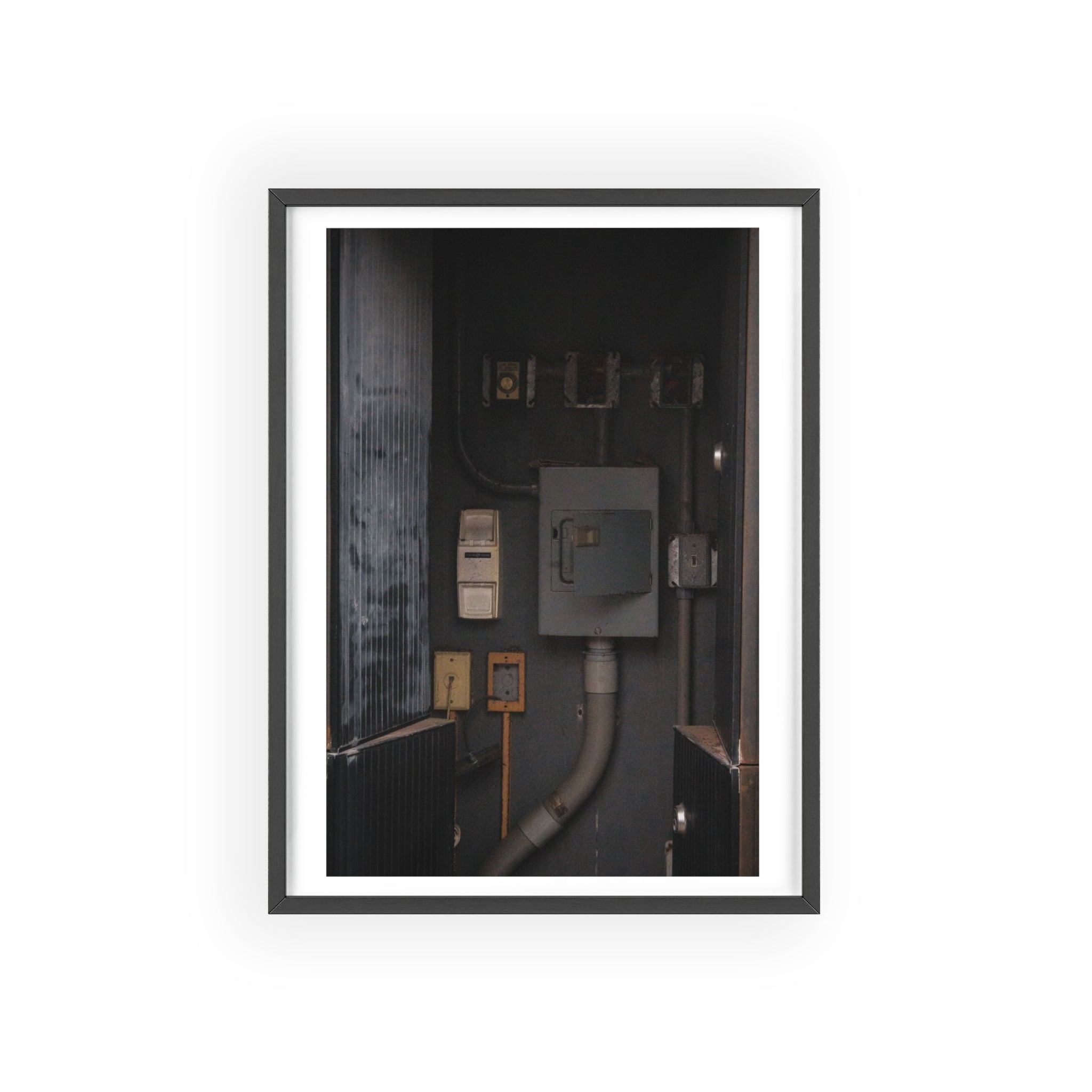 Industrial Electrical Box Poster with Wooden Frame — Urban Utility Wall Art