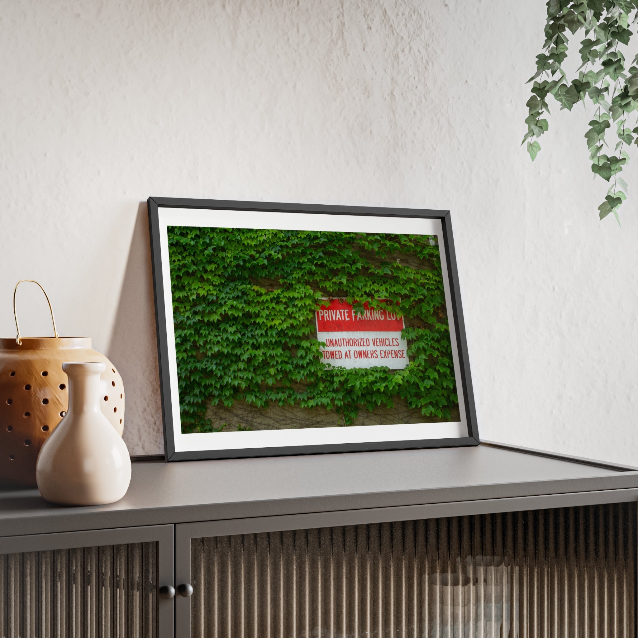 Ivy-Covered Wall Poster with Wooden Frame — “Private Parking” Vintage Sign Art
