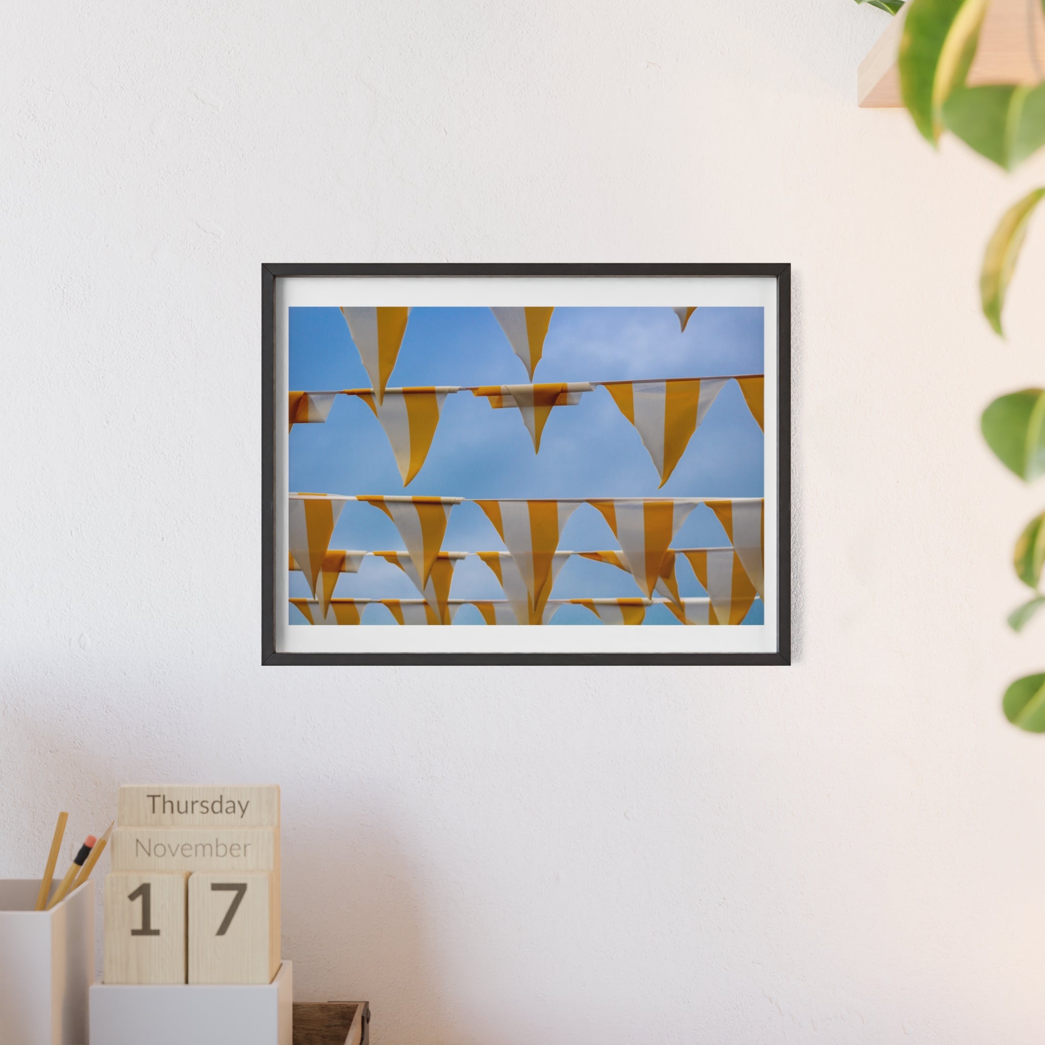 Yellow Bunting Photo Poster with Wooden Frame — Festive Beach Vibes Wall Art