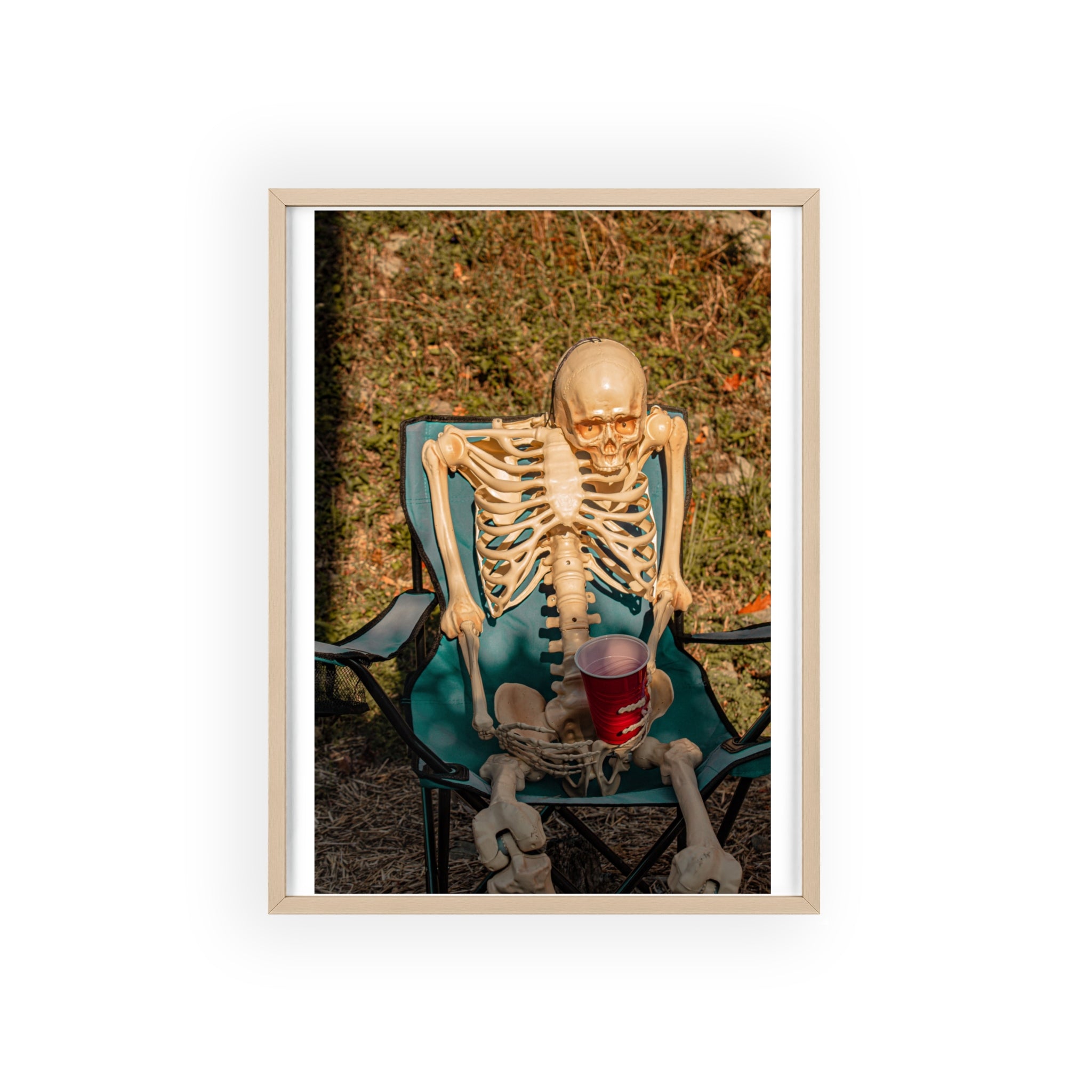 Skeleton Relaxing Poster with Wooden Frame — Funny Halloween Wall Art