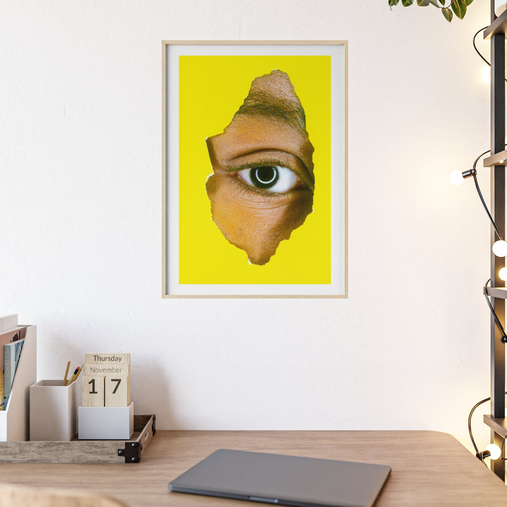 Surreal Eye Print Poster with Wooden Frame — Bold Yellow Wall Art