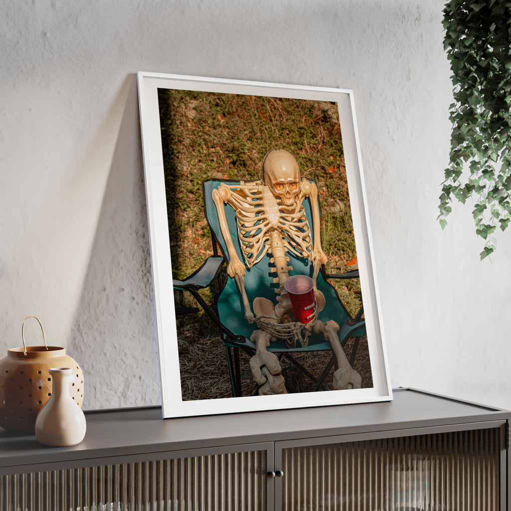 Skeleton Relaxing Poster with Wooden Frame — Funny Halloween Wall Art