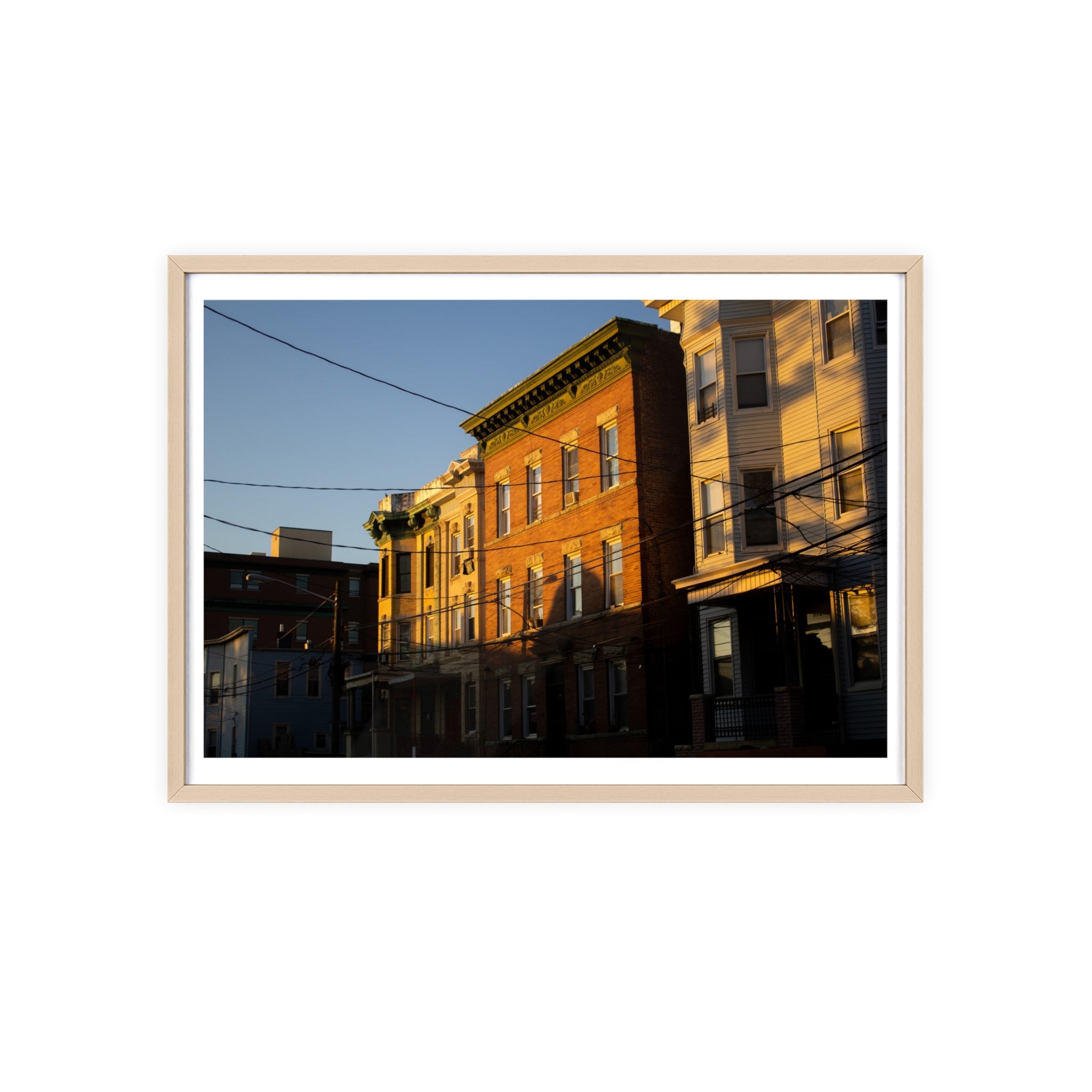 Framed Urban Rowhouse Print — Golden Hour City Street Wall Art Poster