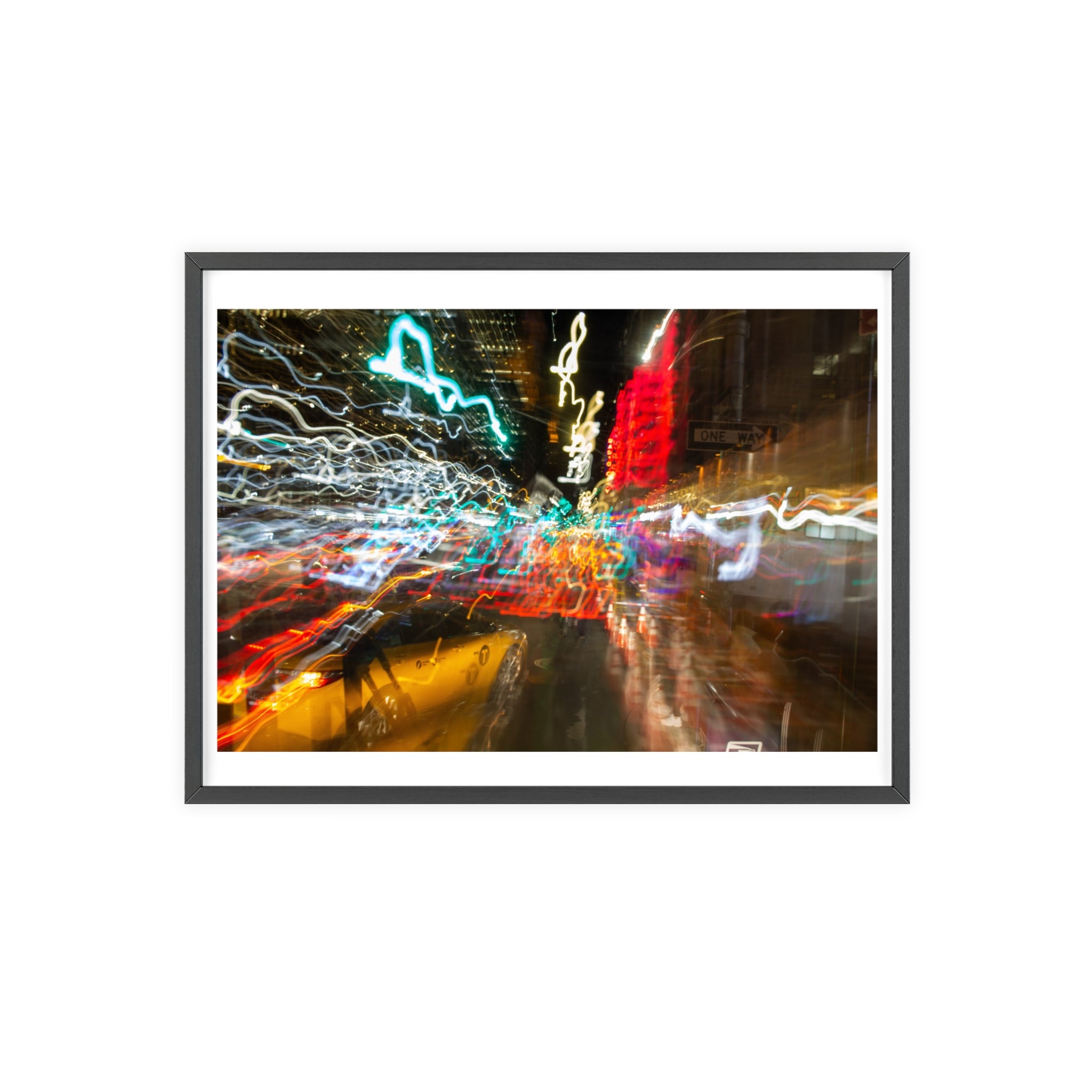 Abstract City Lights Poster with Wooden Frame – Neon Street Photography Wall Art