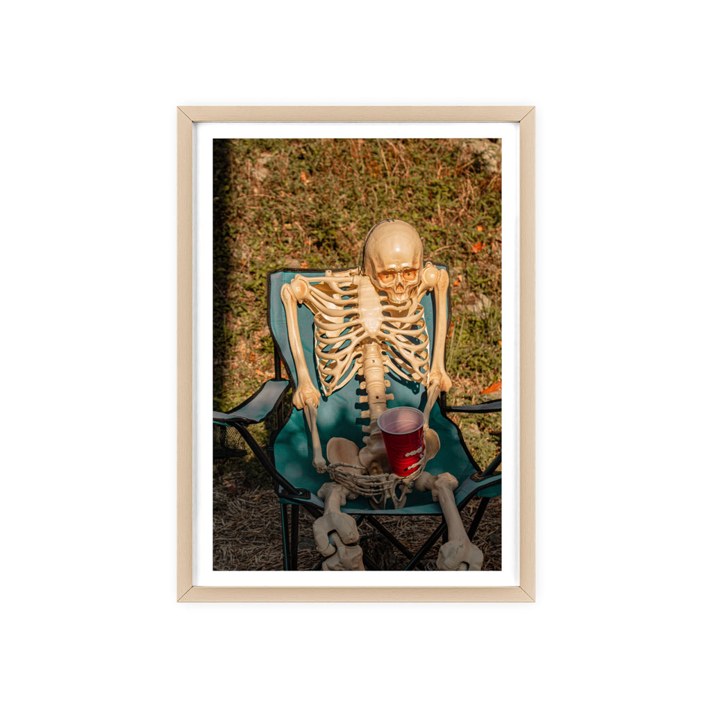 Skeleton Relaxing Poster with Wooden Frame — Funny Halloween Wall Art