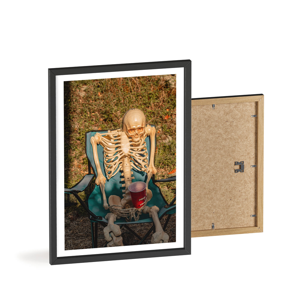 Skeleton Relaxing Poster with Wooden Frame — Funny Halloween Wall Art