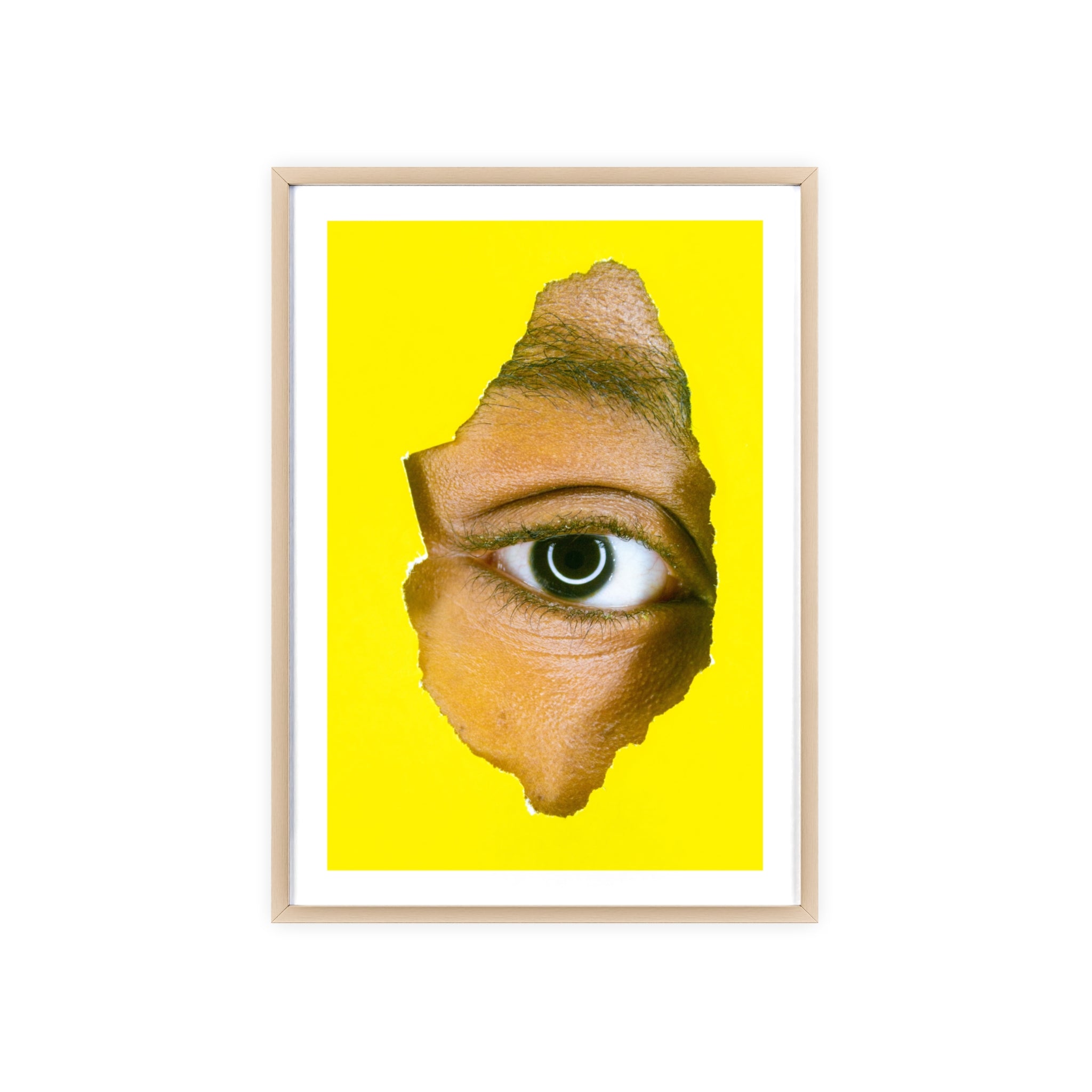 Surreal Eye Print Poster with Wooden Frame — Bold Yellow Wall Art
