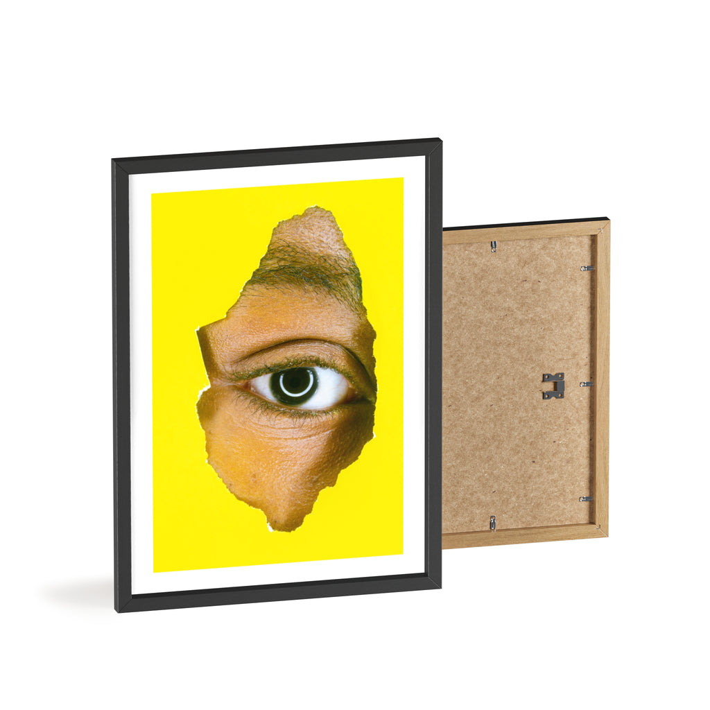 Surreal Eye Print Poster with Wooden Frame — Bold Yellow Wall Art
