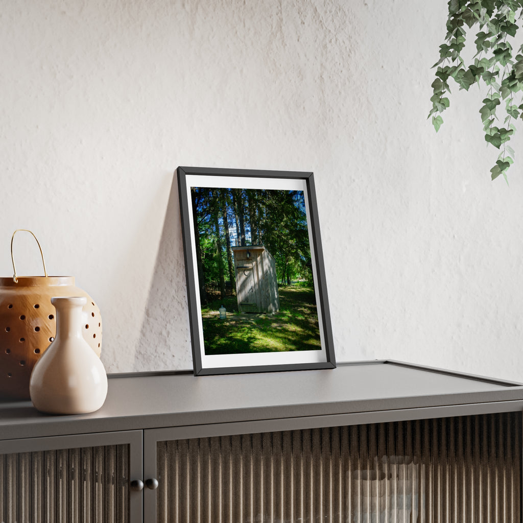Rustic Forest Outhouse Photo Poster with Wooden Frame — Country Cabin Wall Art