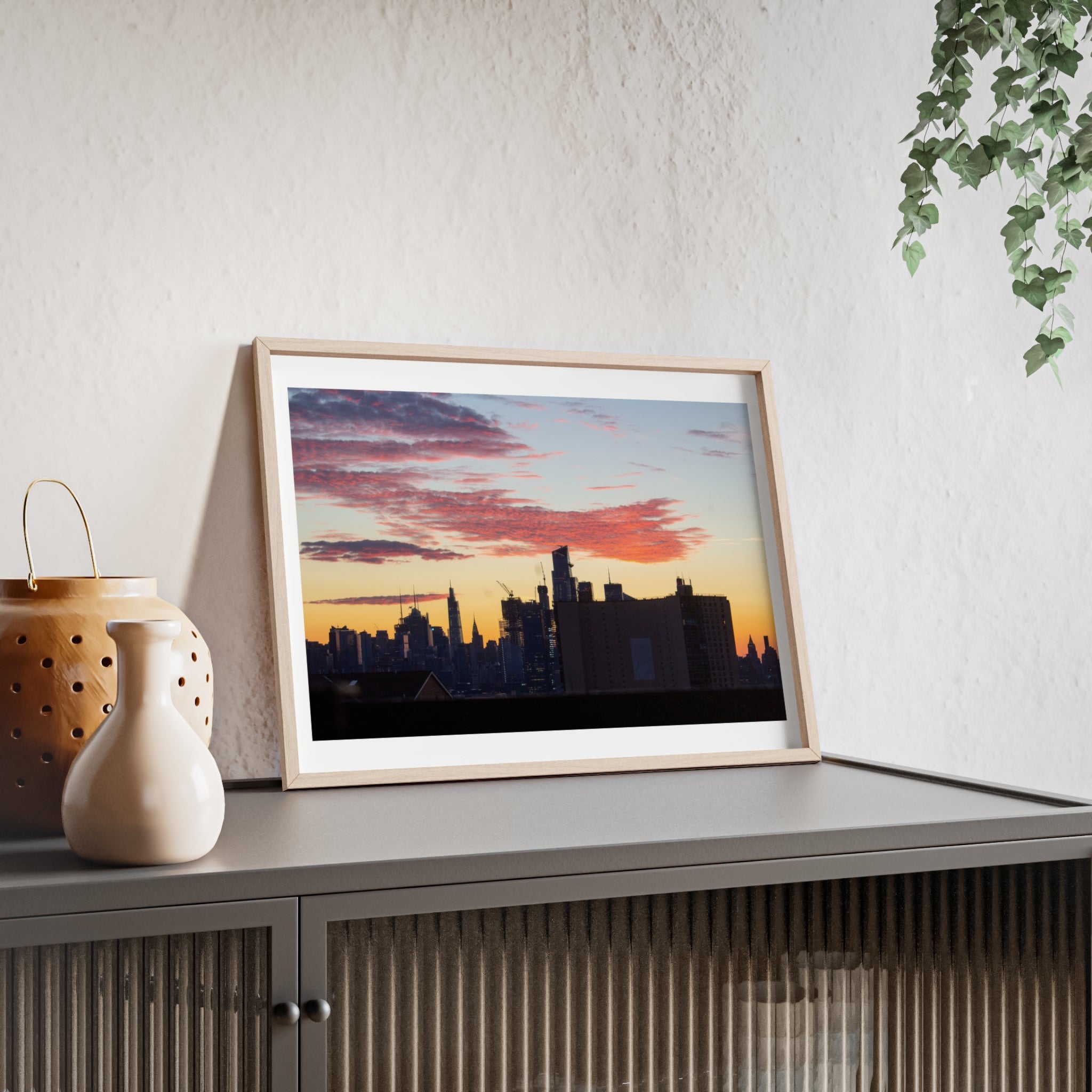Framed City Skyline Poster — Sunset Urban Wall Art with Wooden Frame