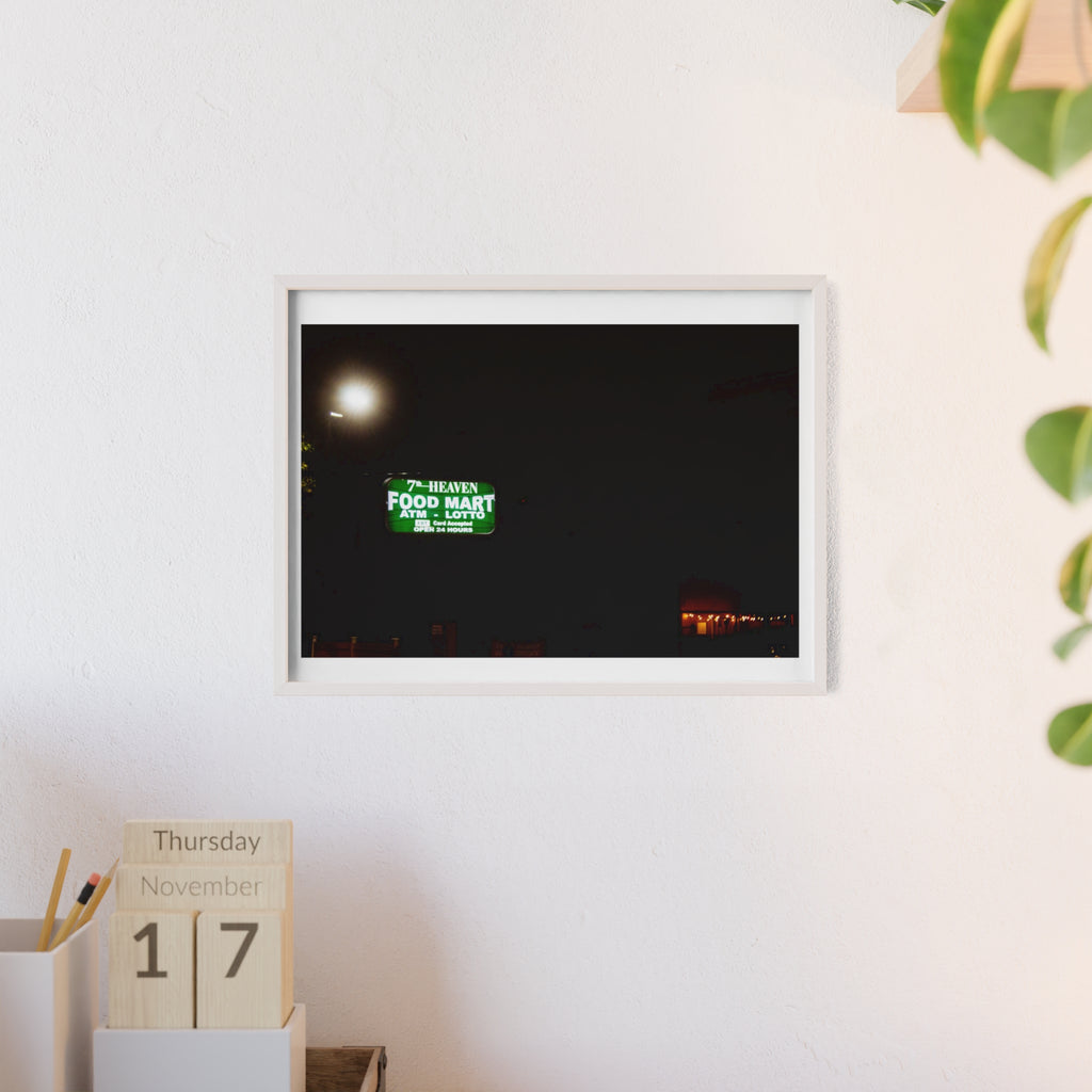 Framed Night Market Photo Print — 'Food Mart' Neon Sign Poster
