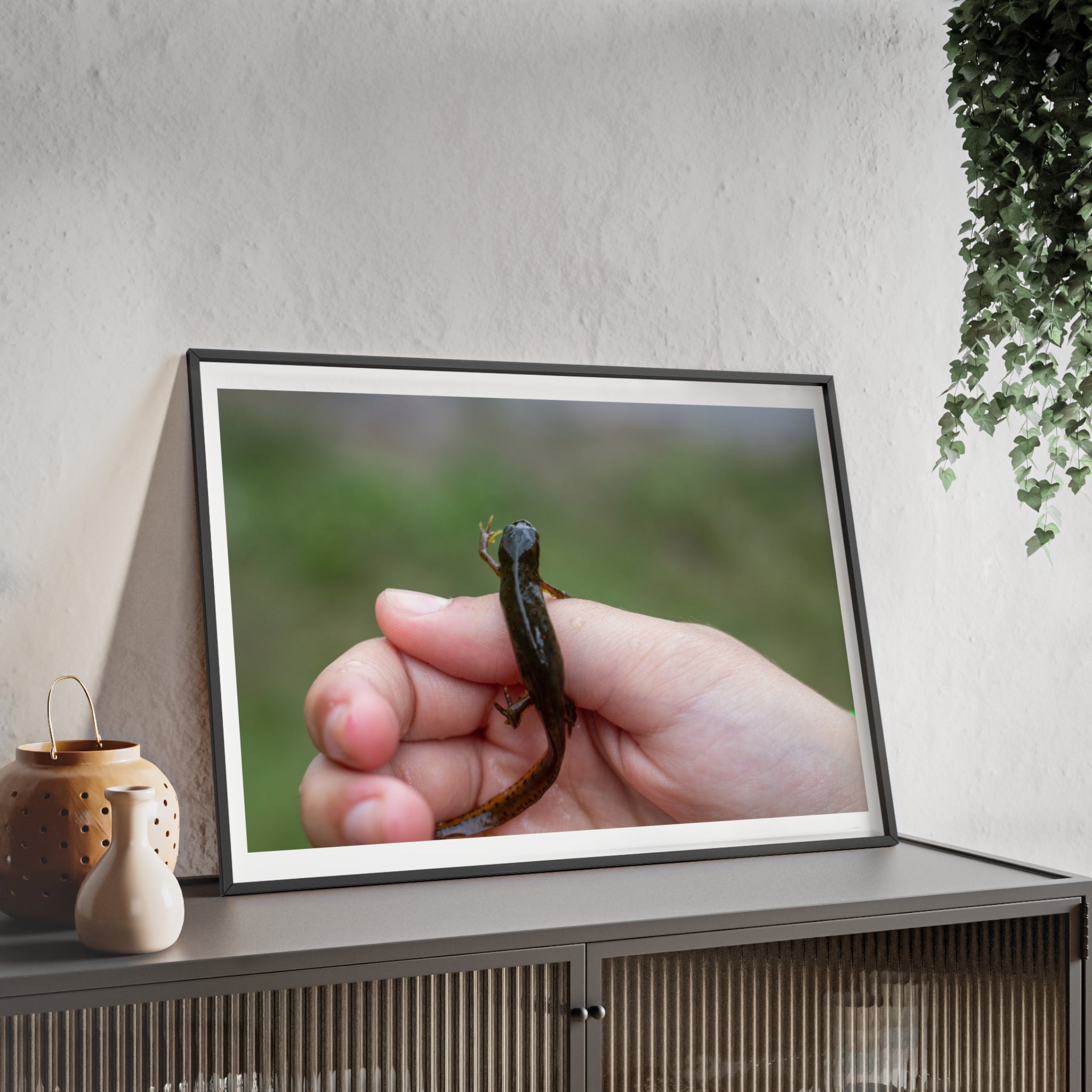 Framed Wildlife Photo Poster — Child Holding Newt