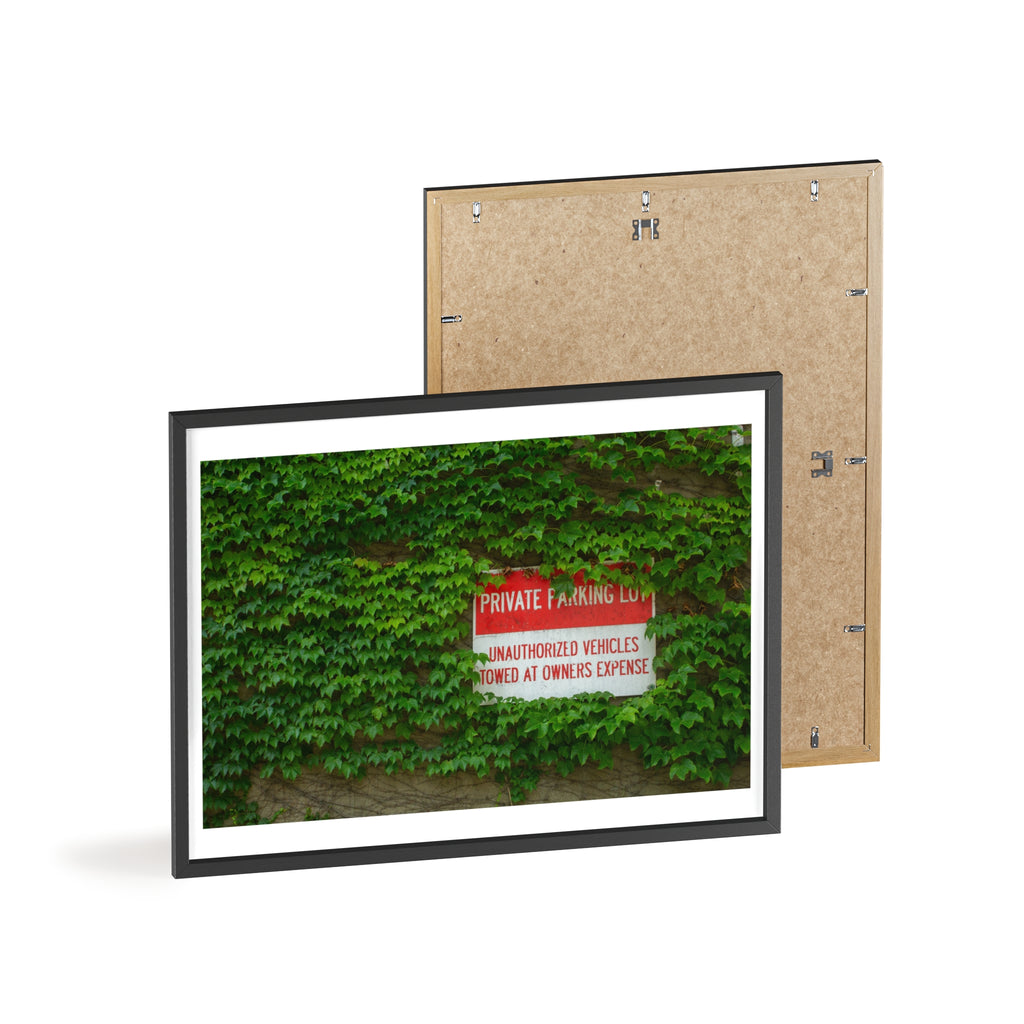 Ivy-Covered Wall Poster with Wooden Frame — “Private Parking” Vintage Sign Art