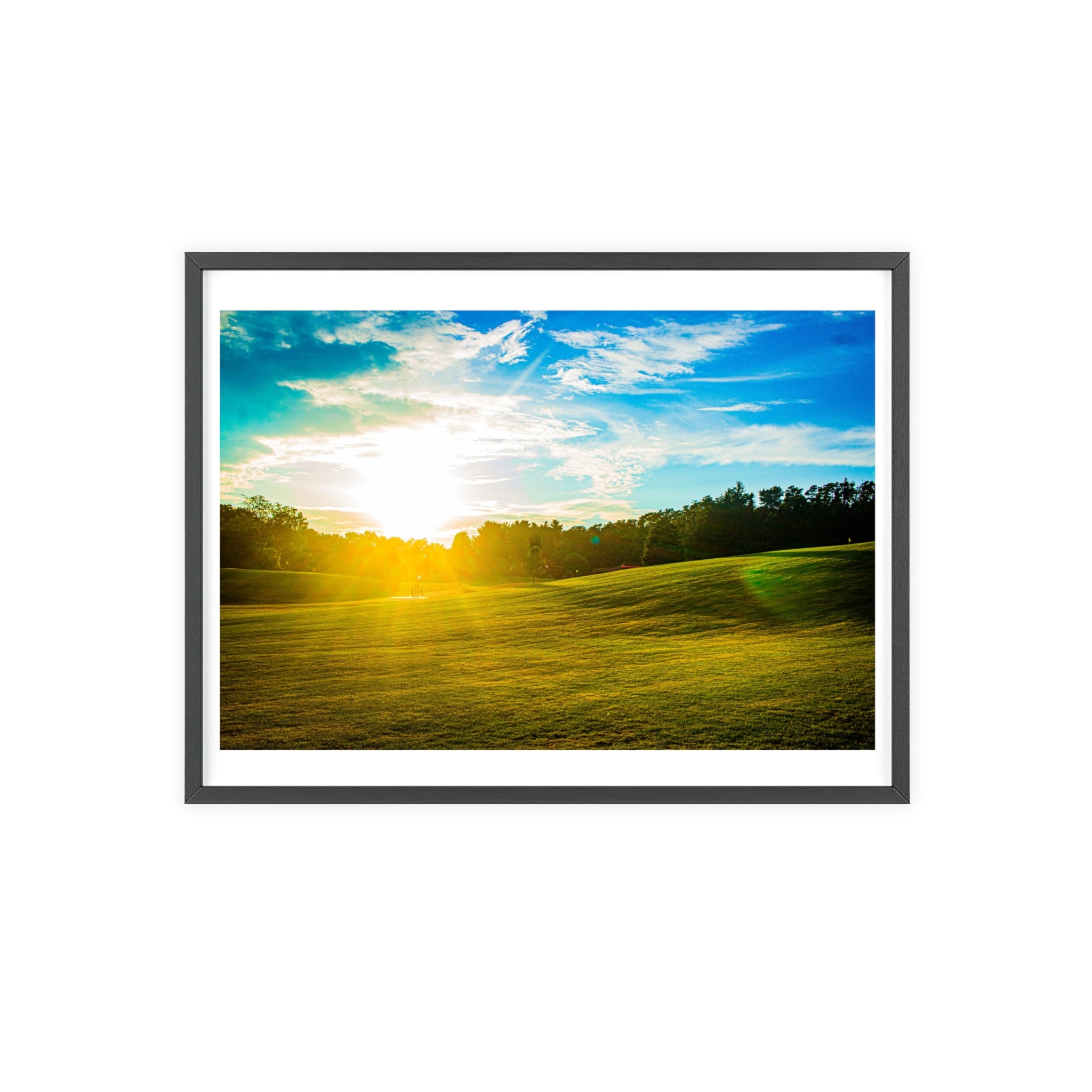 Framed picture of a sunlit field with trees under a blue sky.