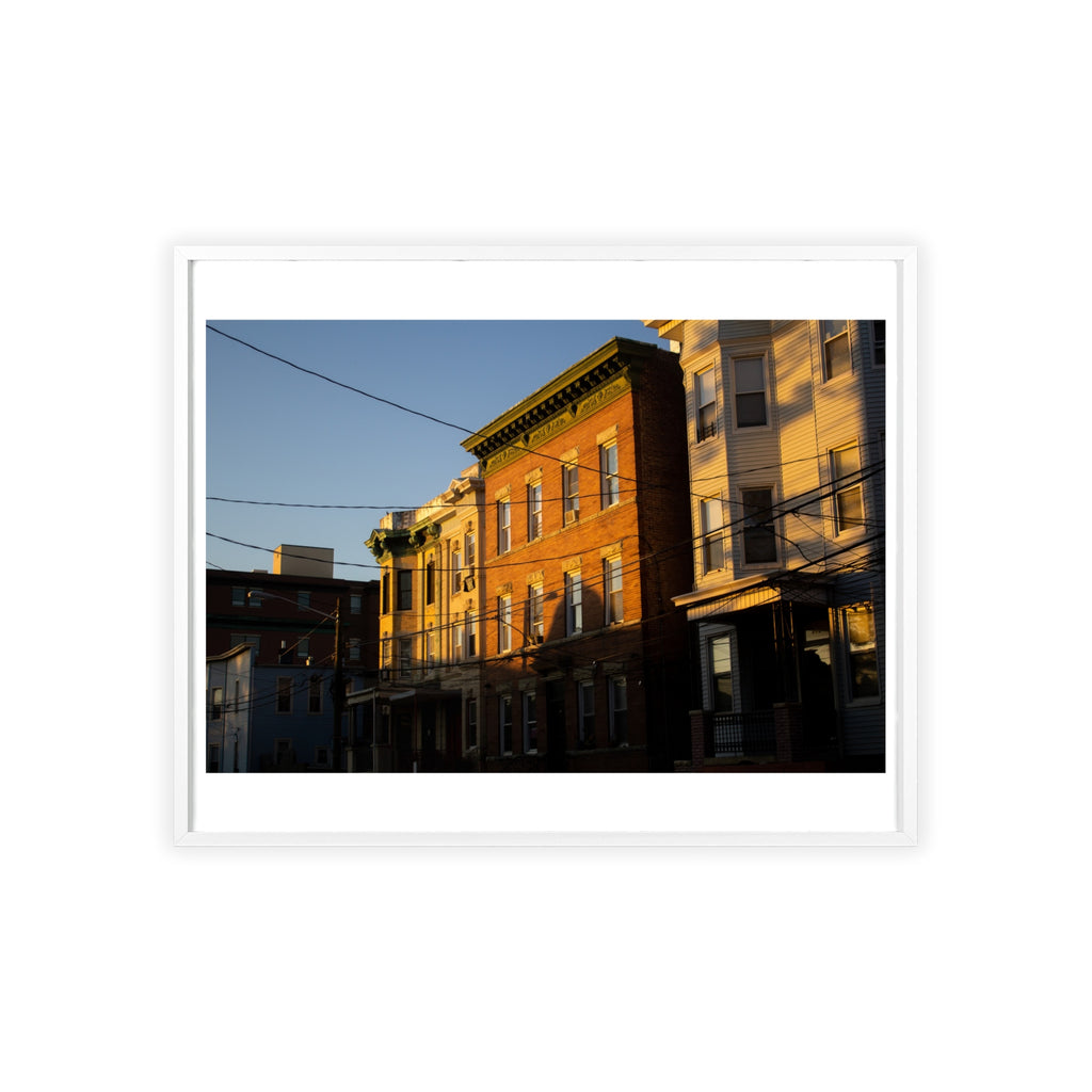 Framed Urban Rowhouse Print — Golden Hour City Street Wall Art Poster