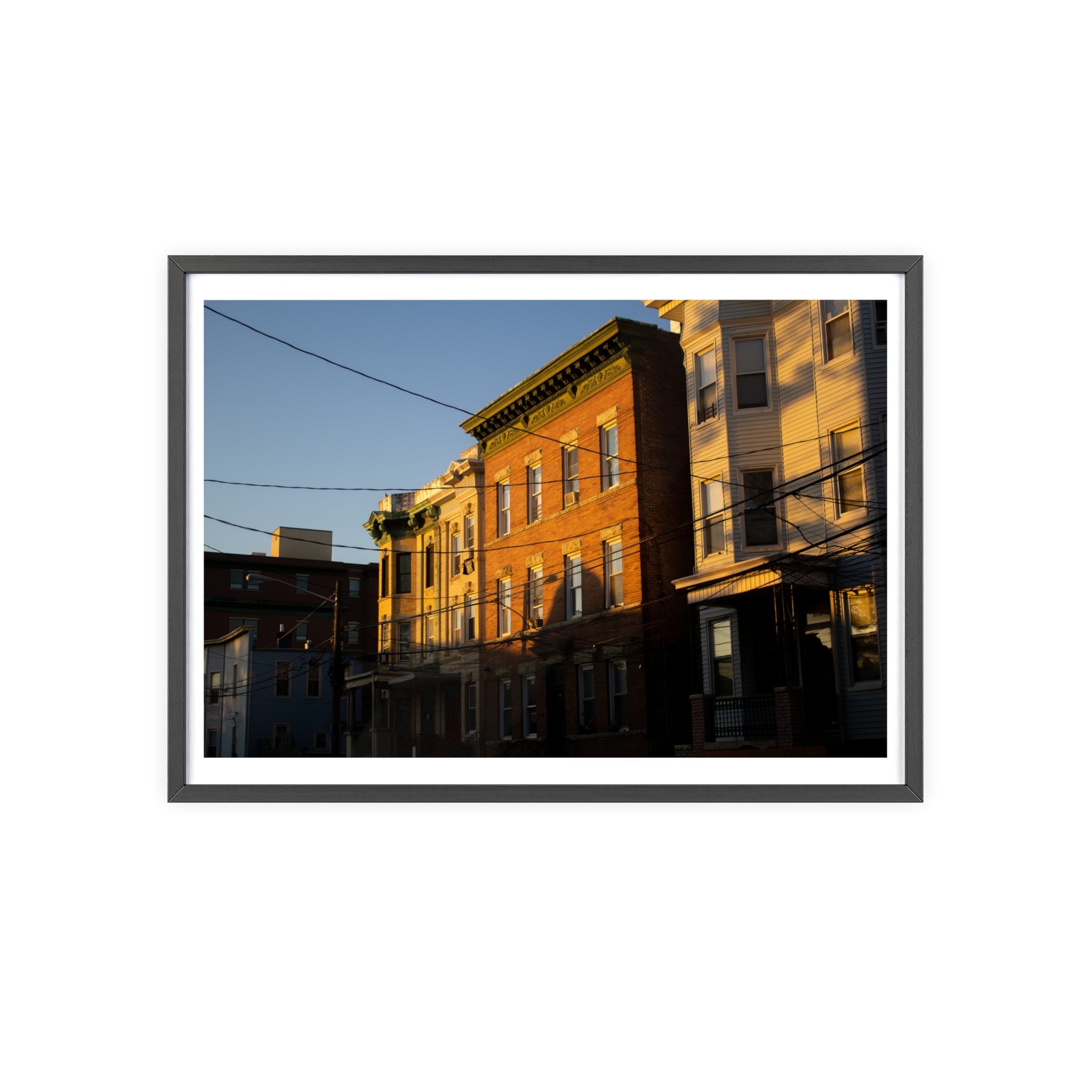 Framed Urban Rowhouse Print — Golden Hour City Street Wall Art Poster