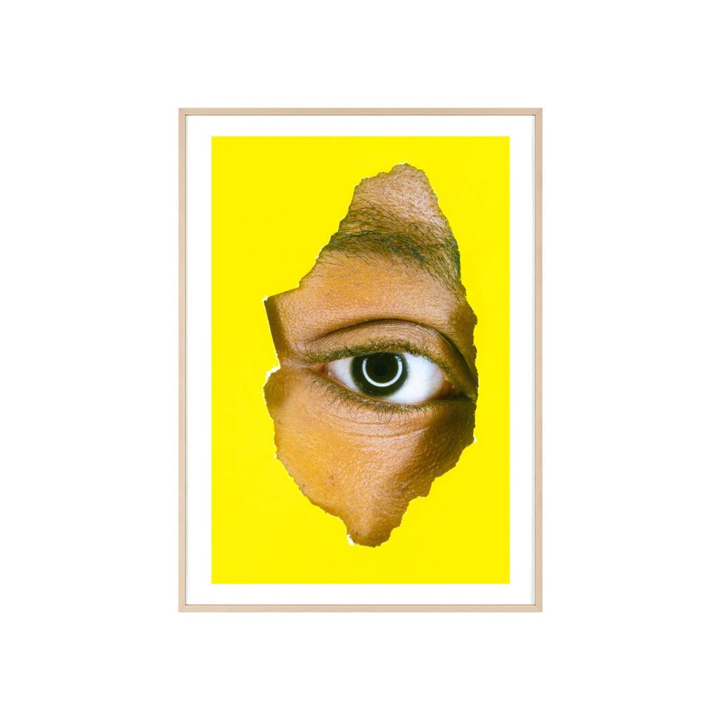 Surreal Eye Print Poster with Wooden Frame — Bold Yellow Wall Art