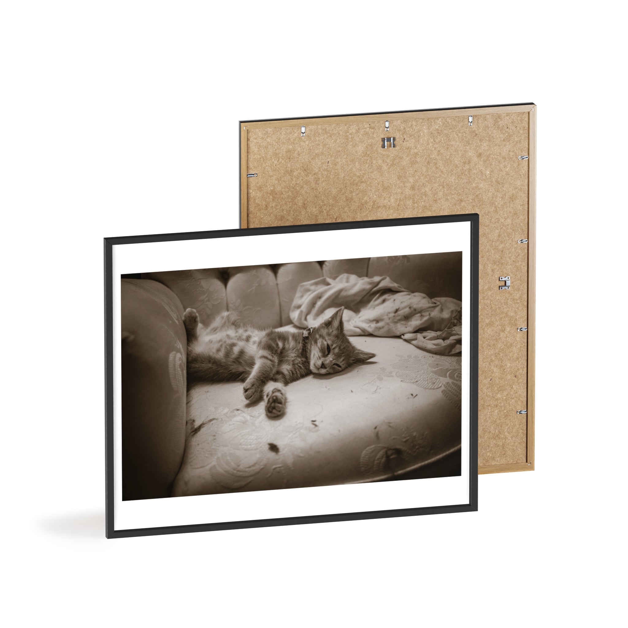 Sepia Cat Photo Poster with Wooden Frame — Vintage Wall Art for Cat Lovers
