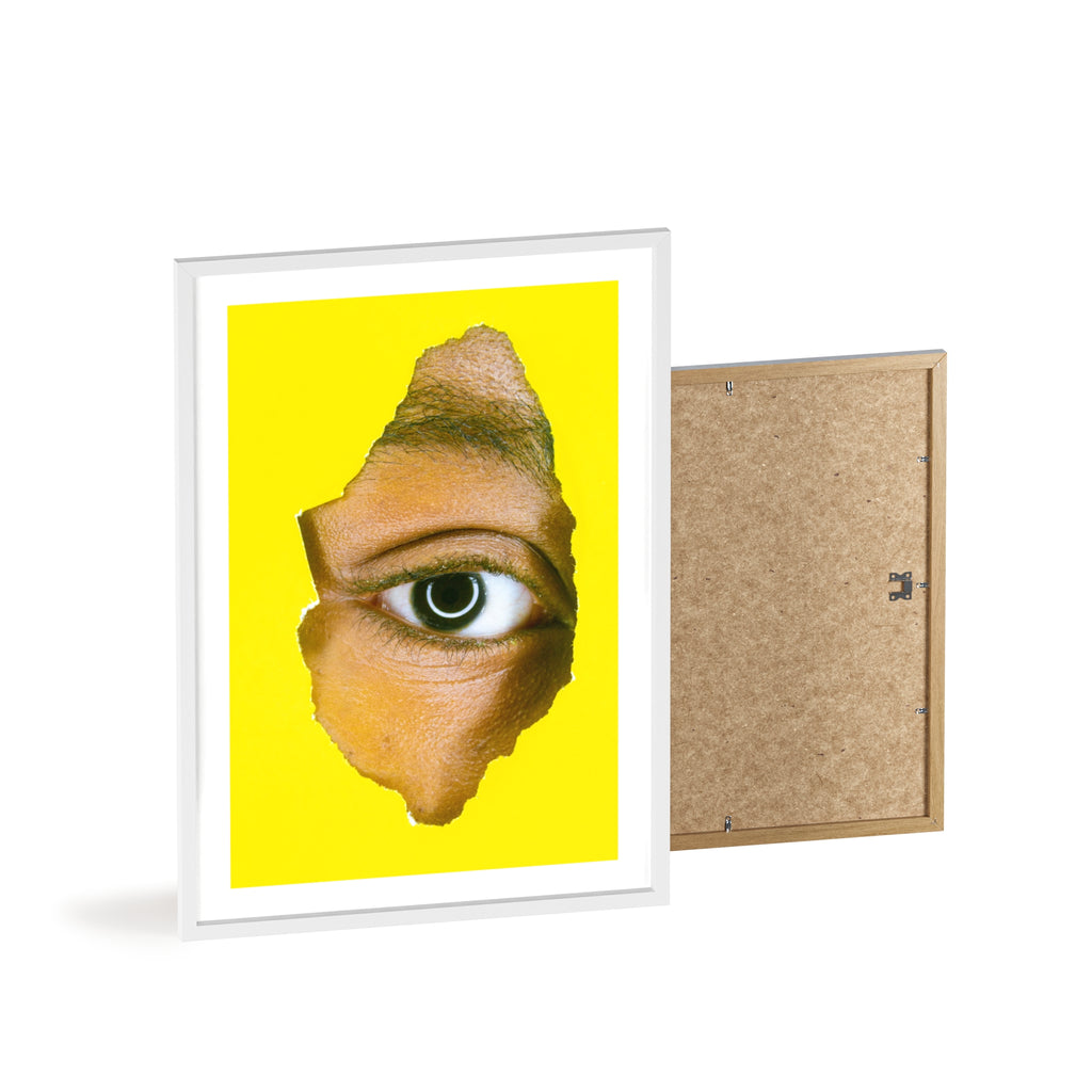 Surreal Eye Print Poster with Wooden Frame — Bold Yellow Wall Art