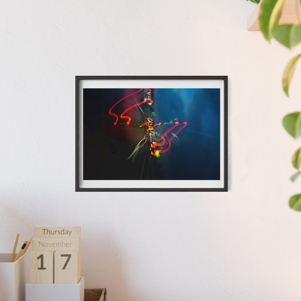 Abstract Light Trail Poster with Wooden Frame — Modern Neon Wall Art