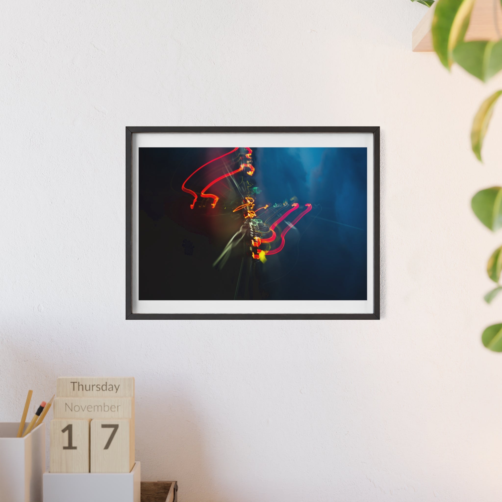 Abstract Light Trail Poster with Wooden Frame — Modern Neon Wall Art