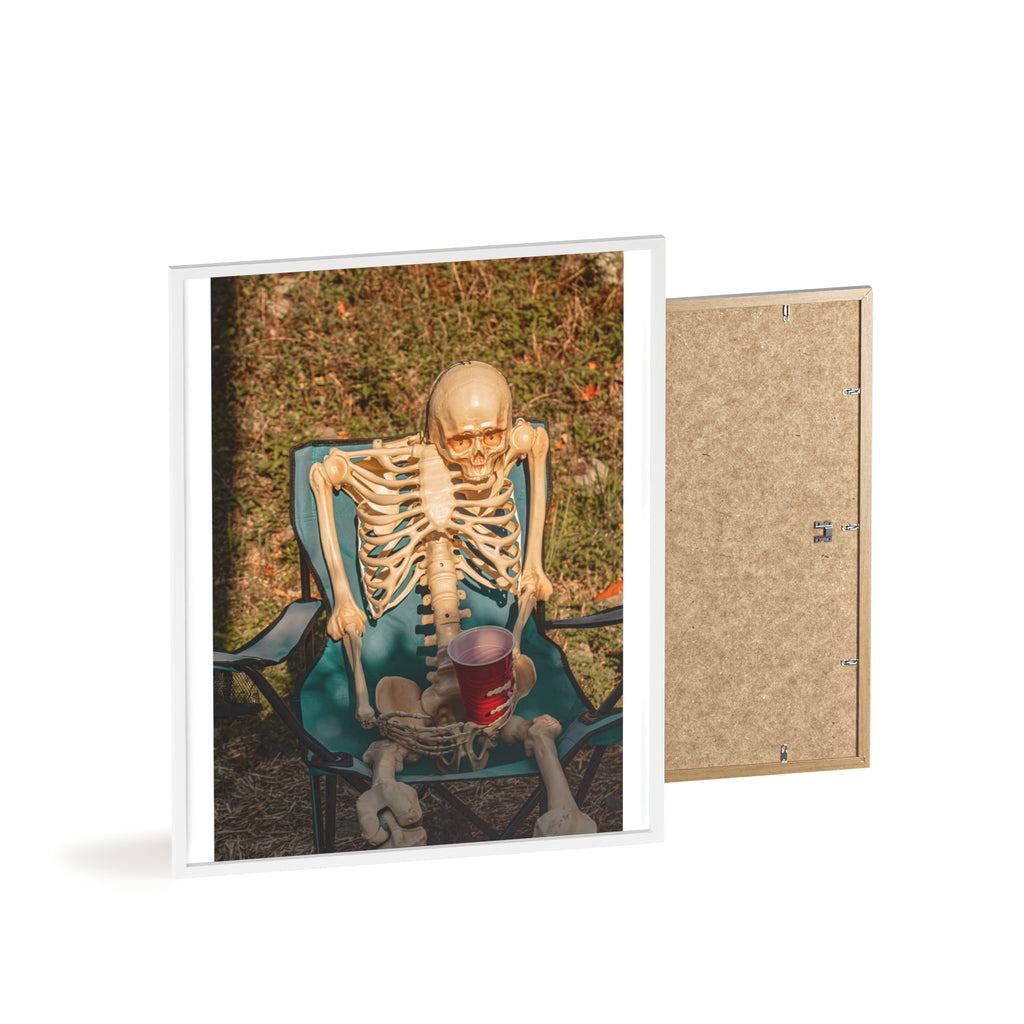 Skeleton Relaxing Poster with Wooden Frame — Funny Halloween Wall Art