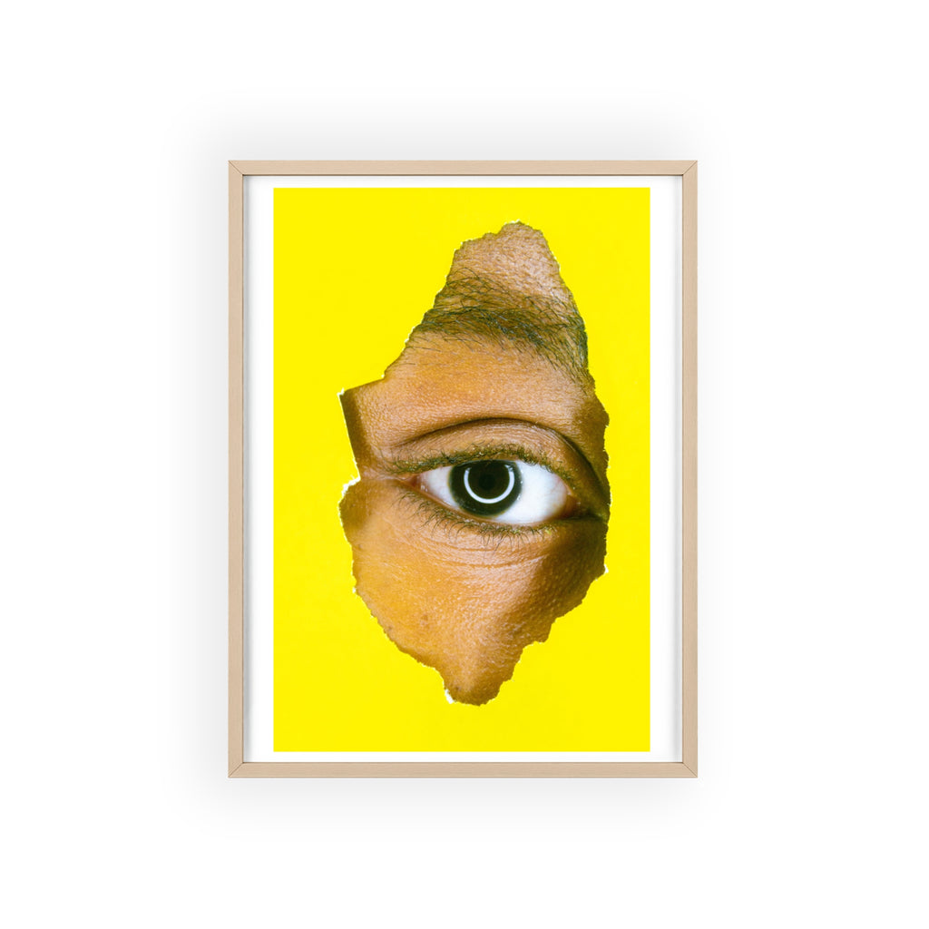 Surreal Eye Print Poster with Wooden Frame — Bold Yellow Wall Art