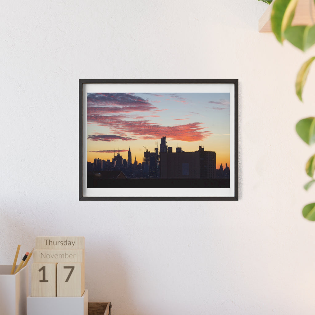 Framed City Skyline Poster — Sunset Urban Wall Art with Wooden Frame