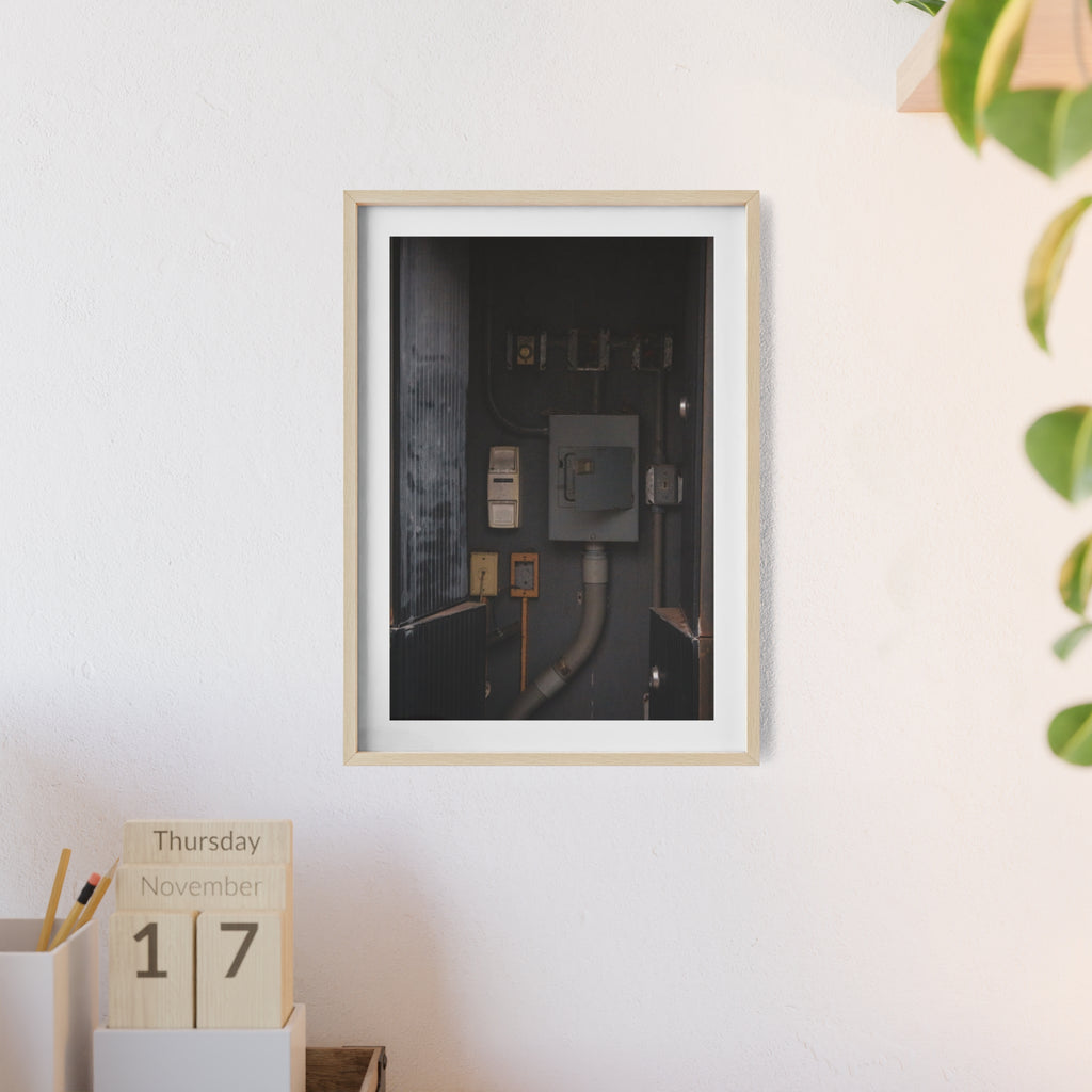 Industrial Electrical Box Poster with Wooden Frame — Urban Utility Wall Art