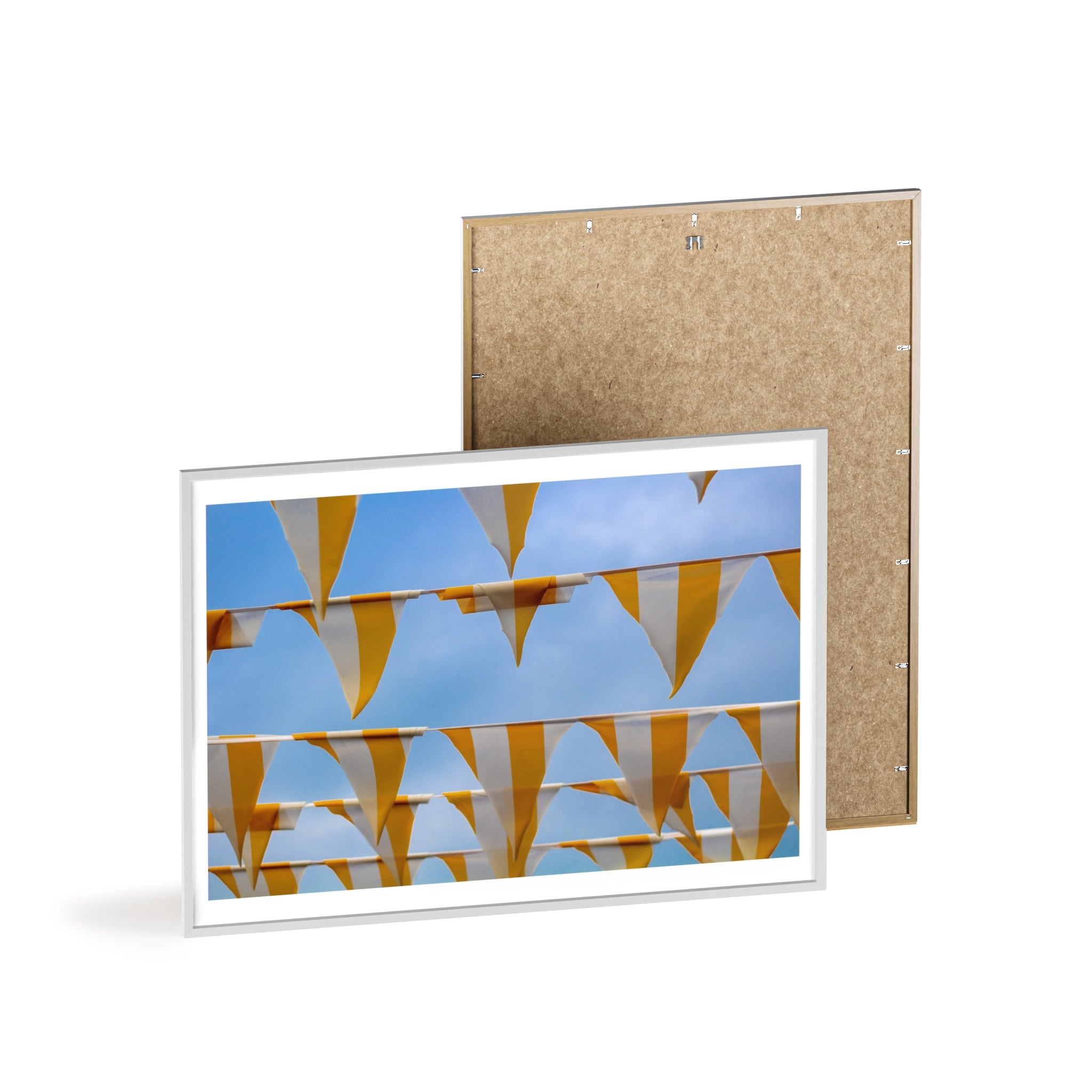 Yellow Bunting Photo Poster with Wooden Frame — Festive Beach Vibes Wall Art