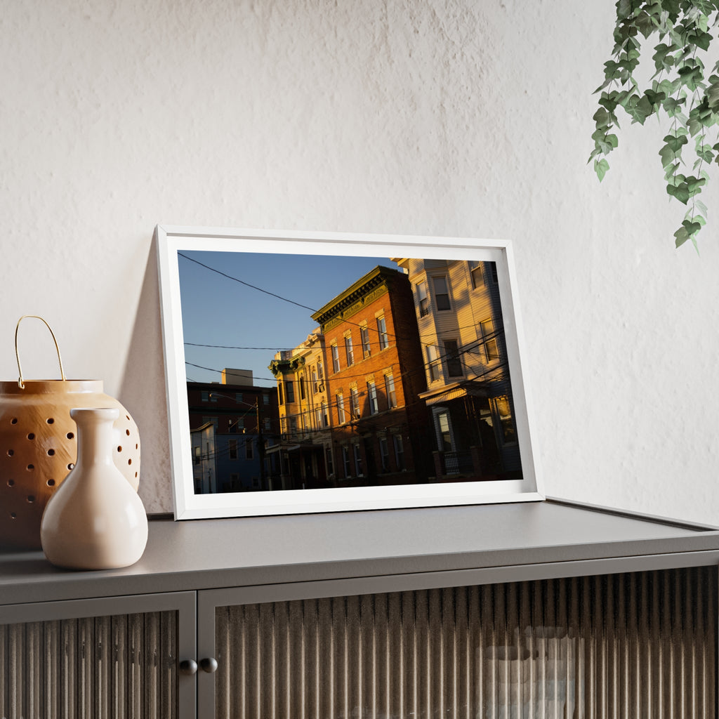 Framed Urban Rowhouse Print — Golden Hour City Street Wall Art Poster