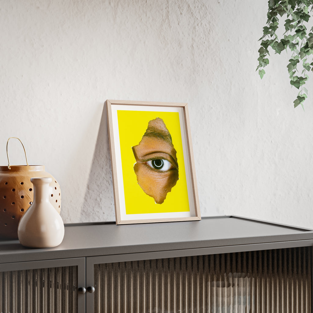 Surreal Eye Print Poster with Wooden Frame — Bold Yellow Wall Art