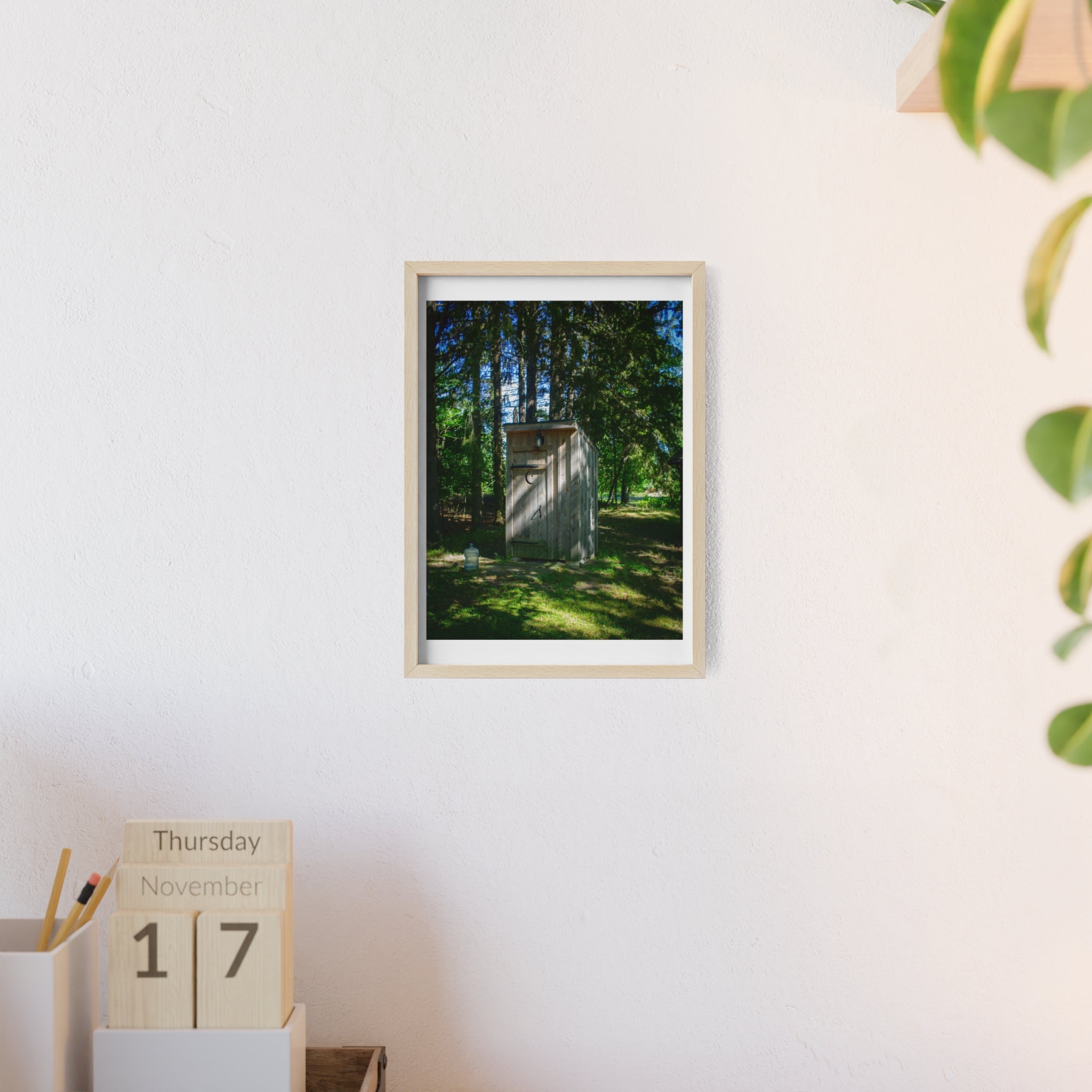 Rustic Forest Outhouse Photo Poster with Wooden Frame — Country Cabin Wall Art