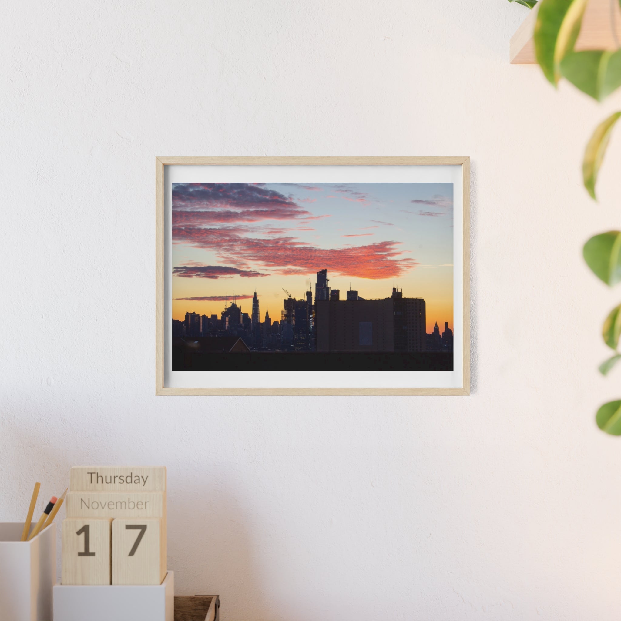 Framed City Skyline Poster — Sunset Urban Wall Art with Wooden Frame