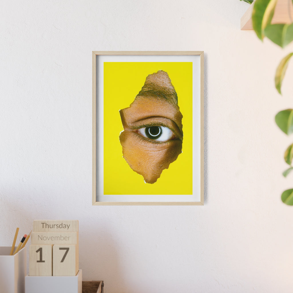 Surreal Eye Print Poster with Wooden Frame — Bold Yellow Wall Art