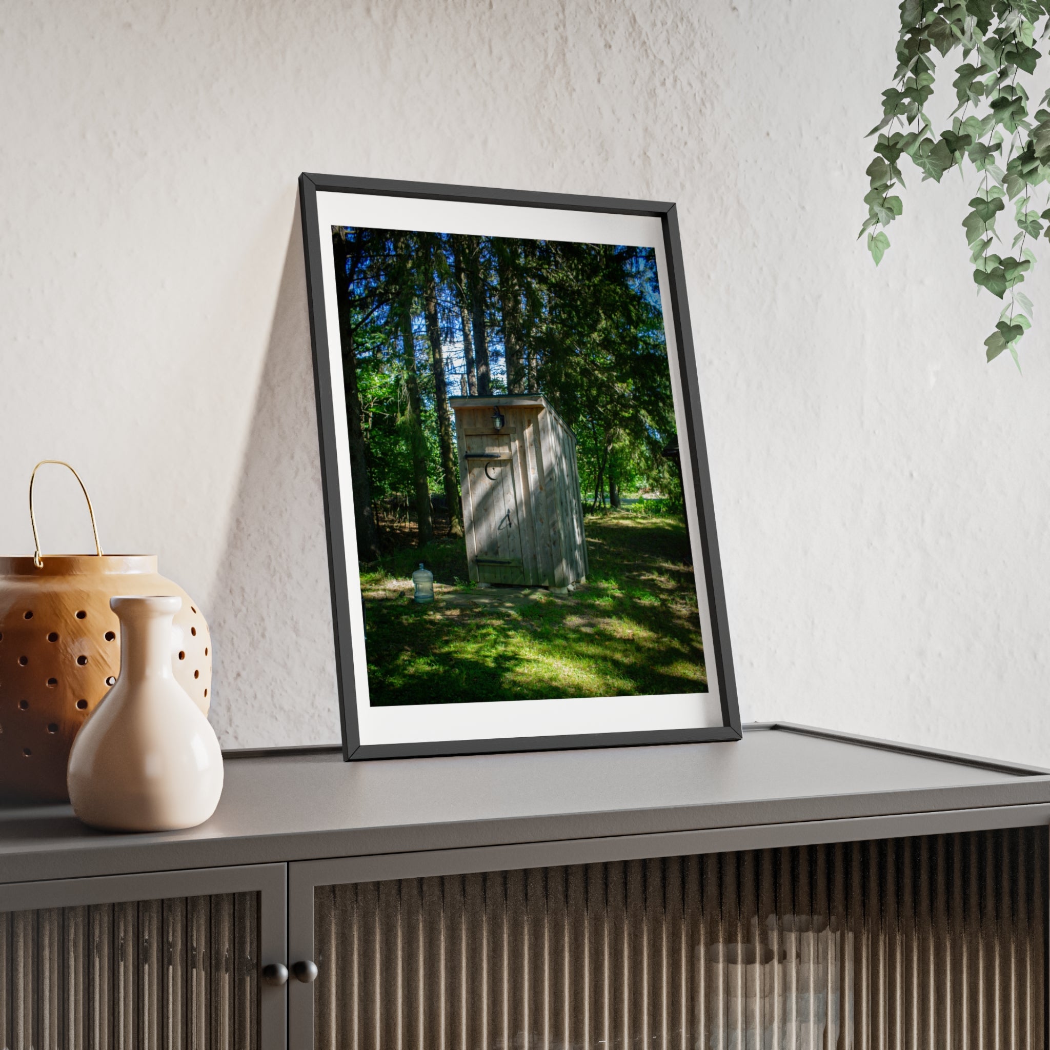 Rustic Forest Outhouse Photo Poster with Wooden Frame — Country Cabin Wall Art