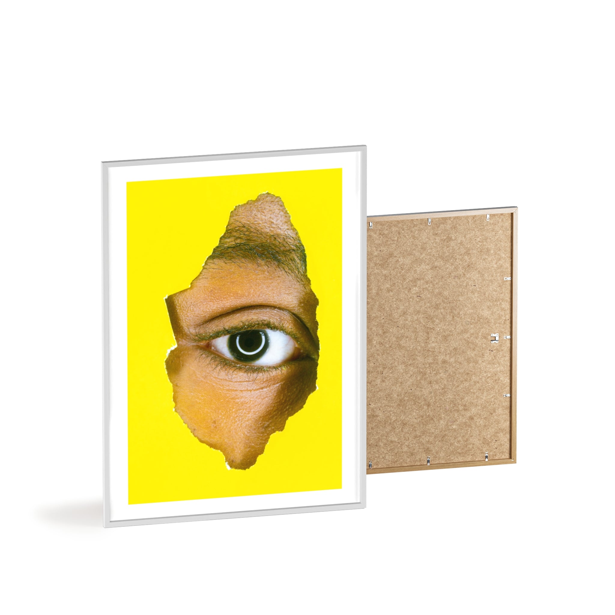 Surreal Eye Print Poster with Wooden Frame — Bold Yellow Wall Art