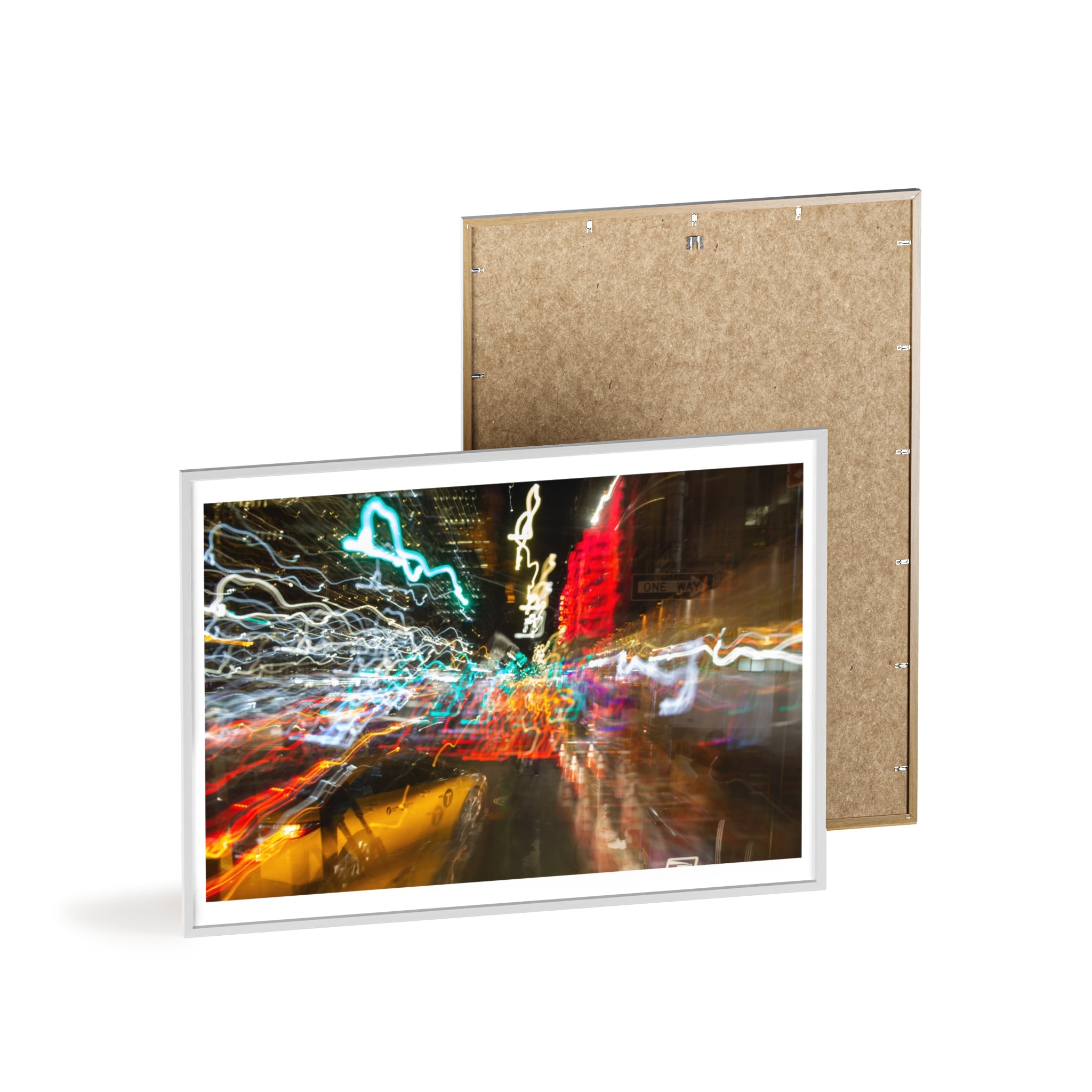 Abstract City Lights Poster with Wooden Frame – Neon Street Photography Wall Art