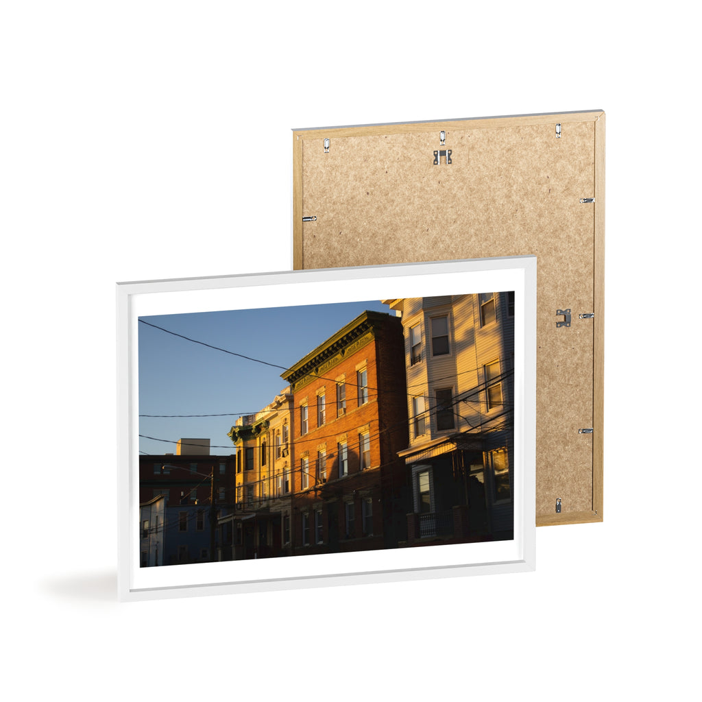 Framed Urban Rowhouse Print — Golden Hour City Street Wall Art Poster