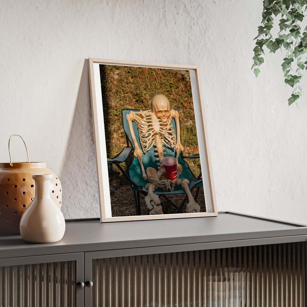 Skeleton Relaxing Poster with Wooden Frame — Funny Halloween Wall Art