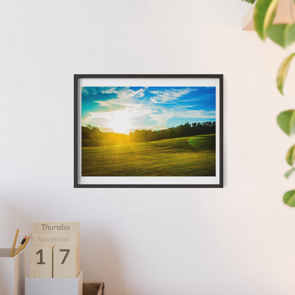 Sunlit Meadow Poster with Wooden Frame — Landscape Wall Art Print