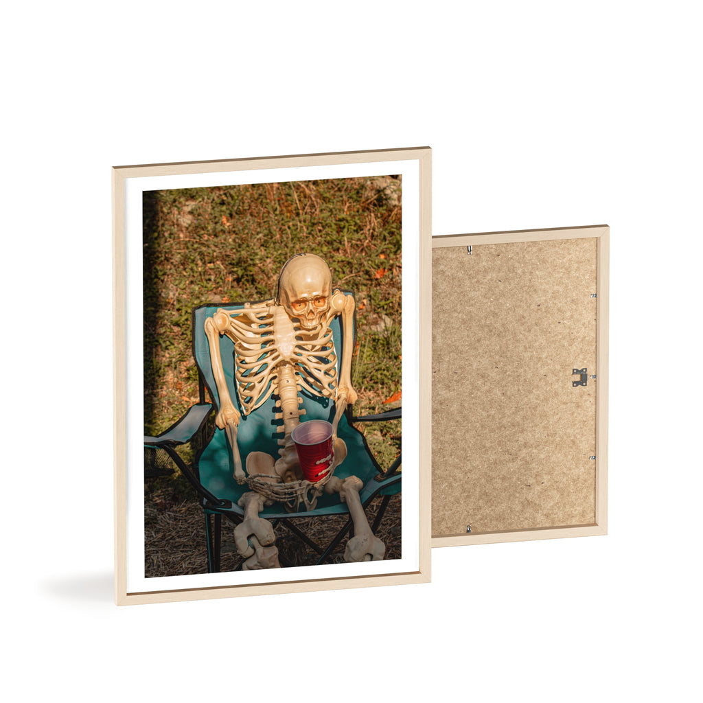Skeleton Relaxing Poster with Wooden Frame — Funny Halloween Wall Art