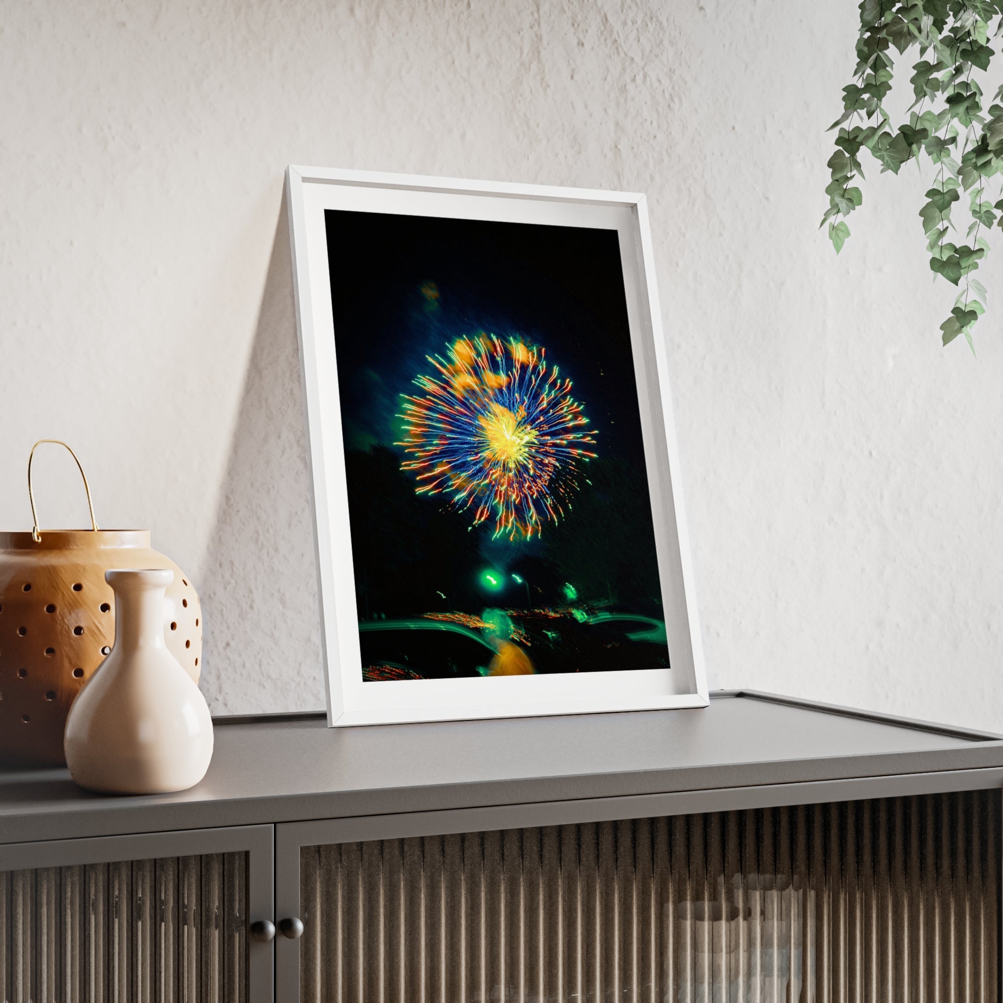 Framed Firework Art Print — Colorful Abstract Night Sky Poster with Wooden Frame